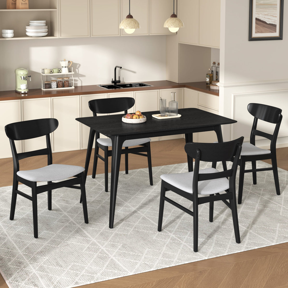 Medieval modern table and four upholstered chairs(black,light gray) - KiKiUMi