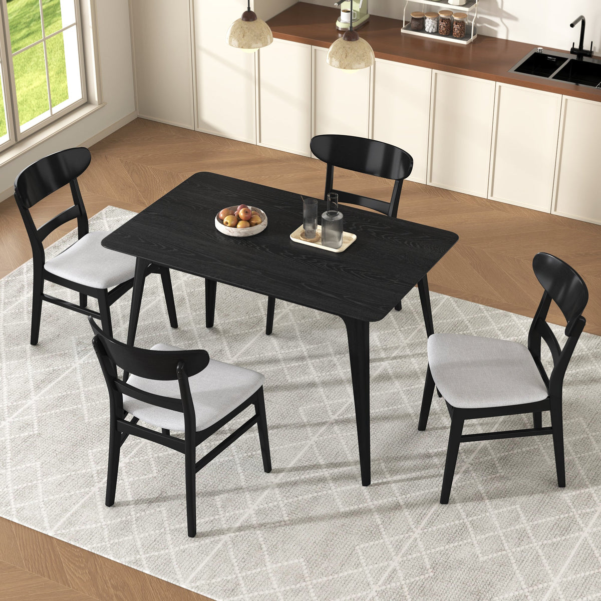 Medieval modern table and four upholstered chairs(black,light gray) - KiKiUMi