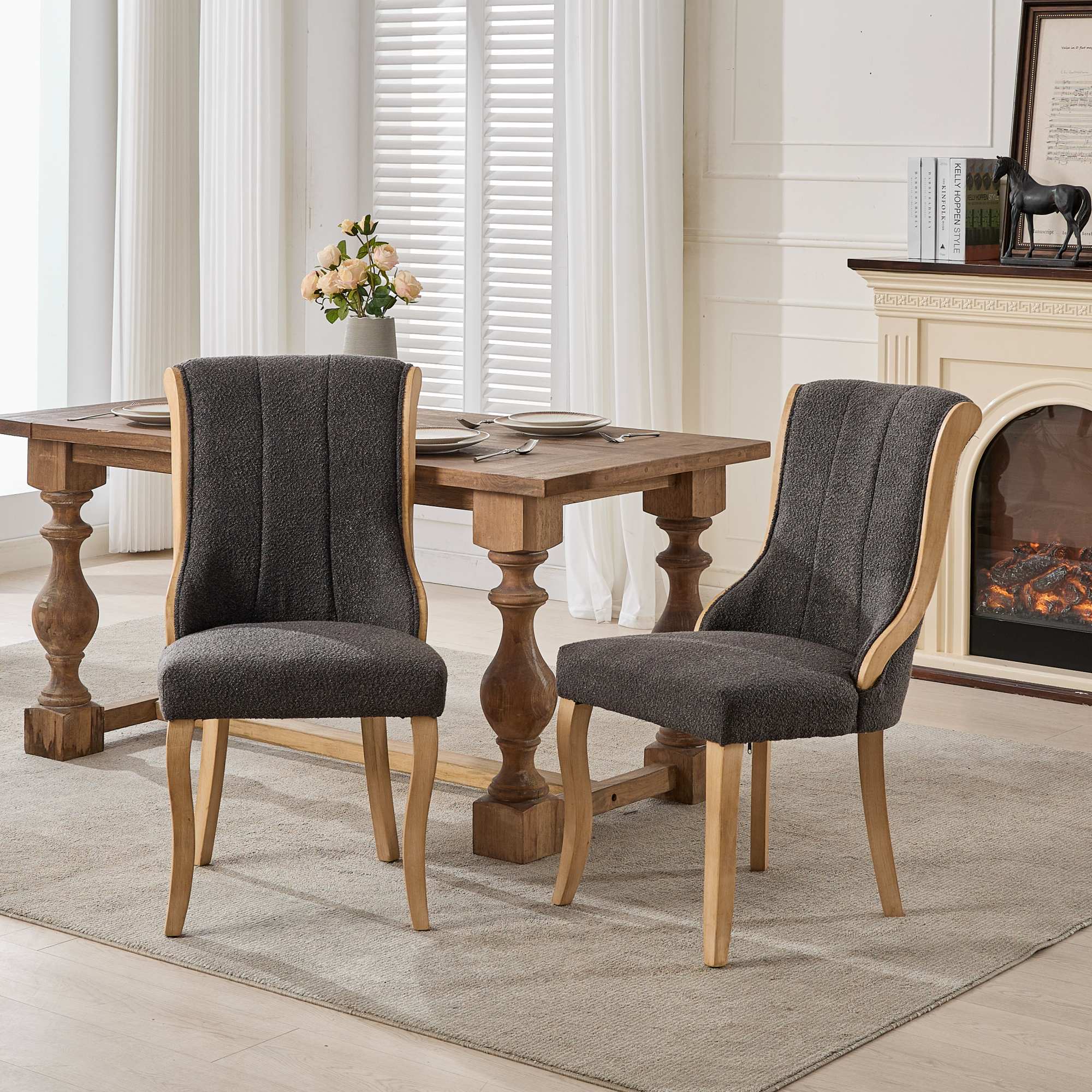 Medieval-style curved wood veneer snow velvet dining chair(gray) - KiKiUMi