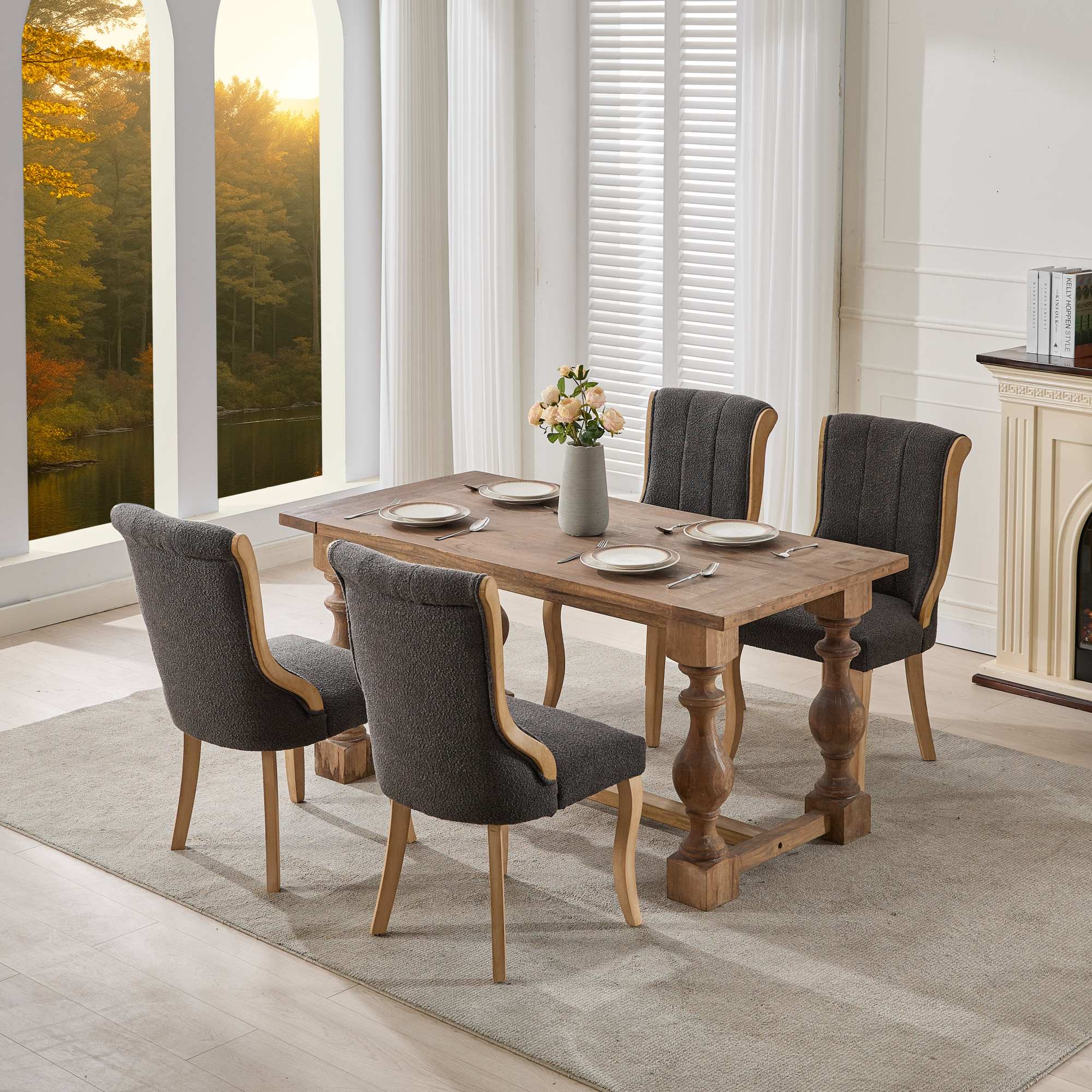 Medieval-style curved wood veneer snow velvet dining chair(gray) - KiKiUMi