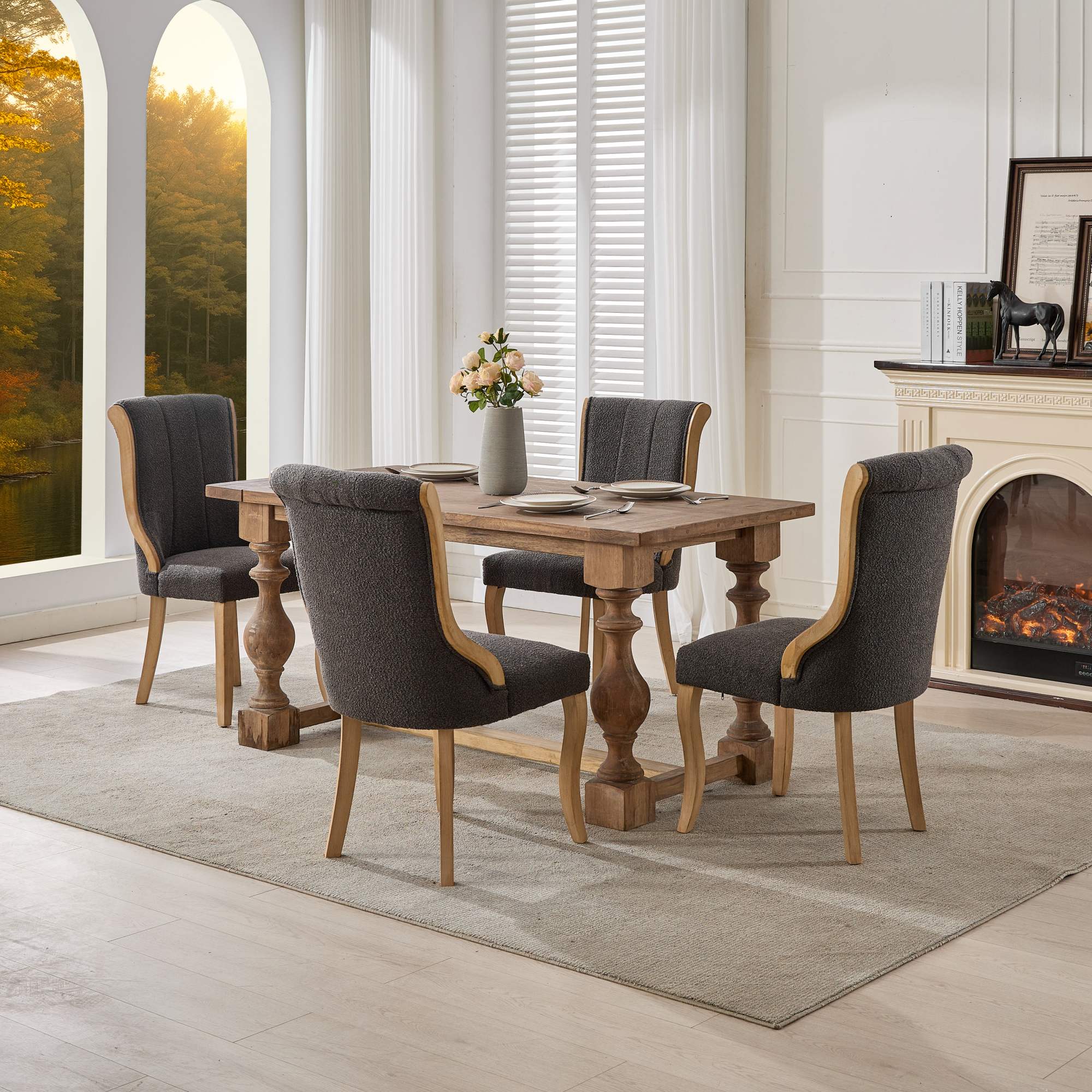 Medieval-style curved wood veneer snow velvet dining chair(gray) - KiKiUMi