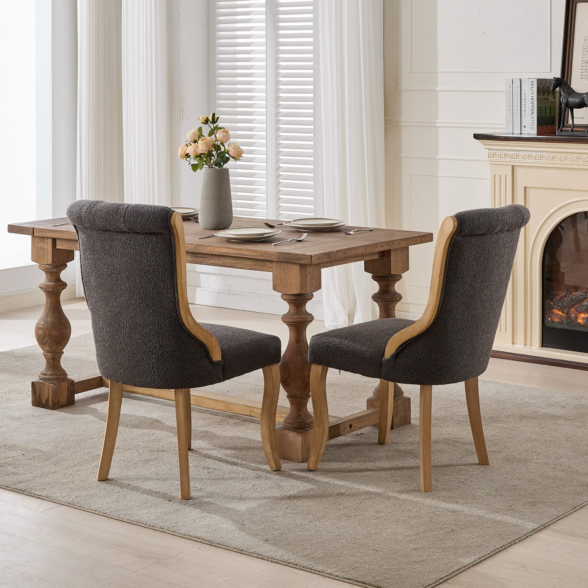 Medieval-style curved wood veneer snow velvet dining chair(gray) - KiKiUMi
