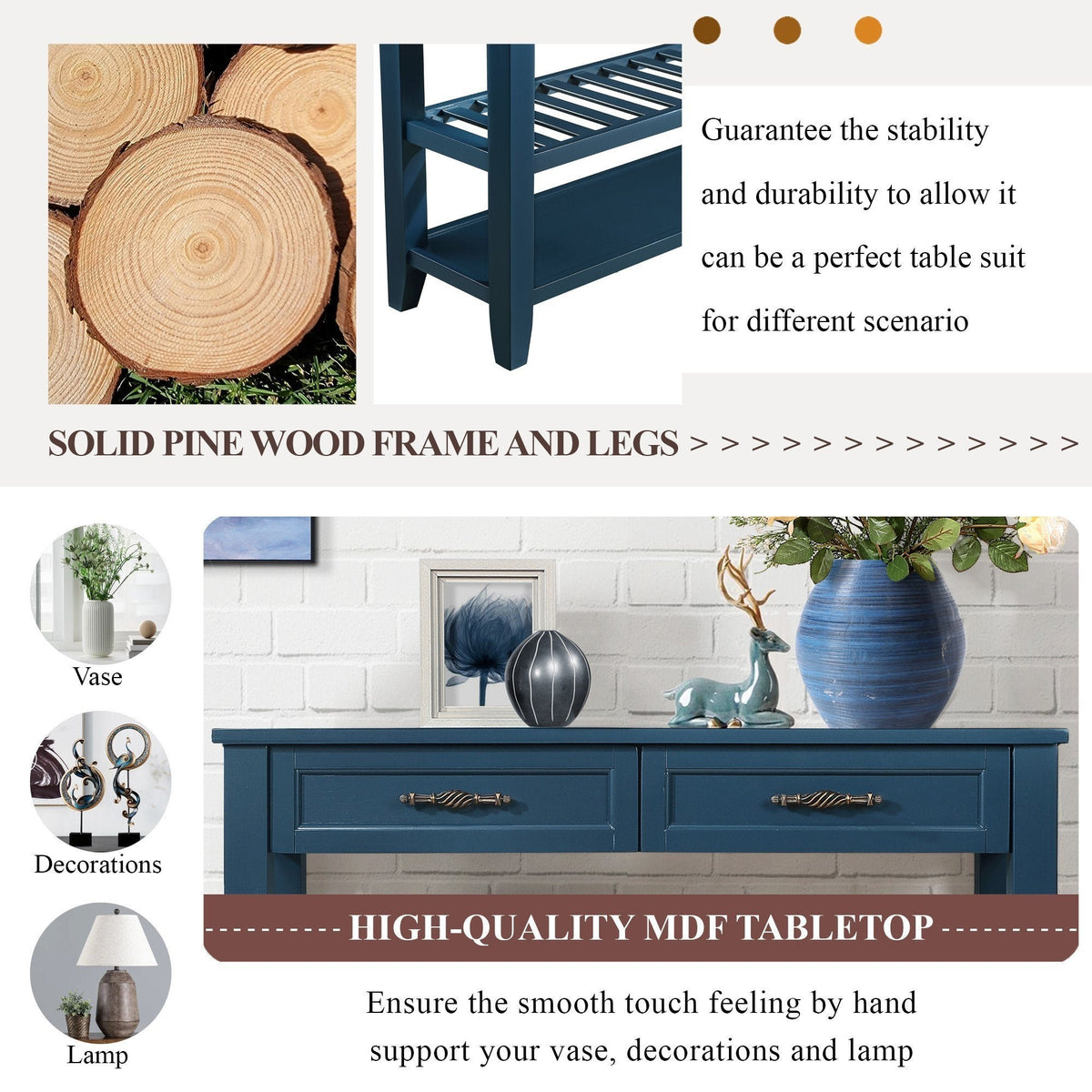 Medieval-style solid wood console sofa table(navy blue) - KiKiUMi