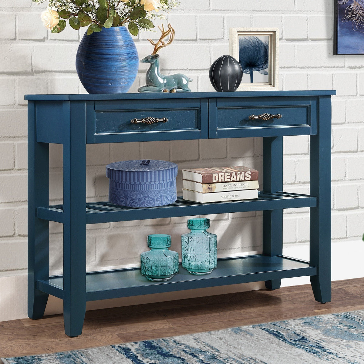Medieval-style solid wood console sofa table(navy blue) - KiKiUMi