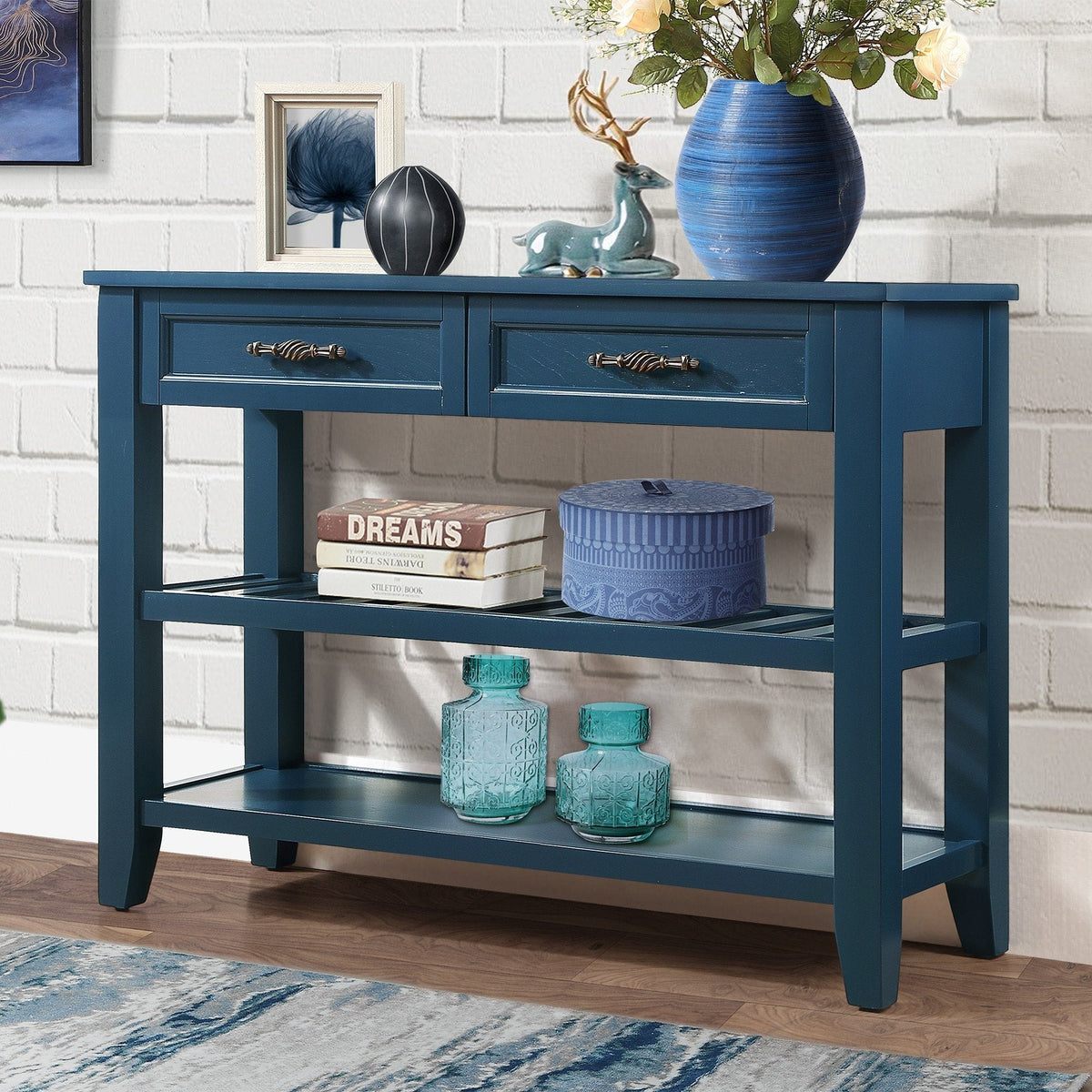 Medieval-style solid wood console sofa table(navy blue) - KiKiUMi