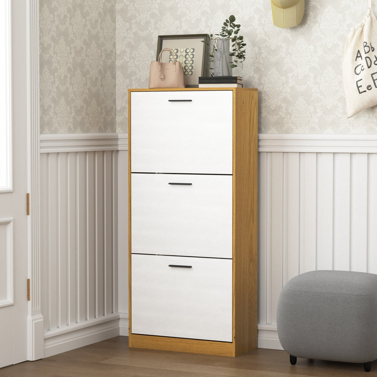 Modern independent shoe storage cabinet with 3 flip drawers (natural ) - KiKiUMi