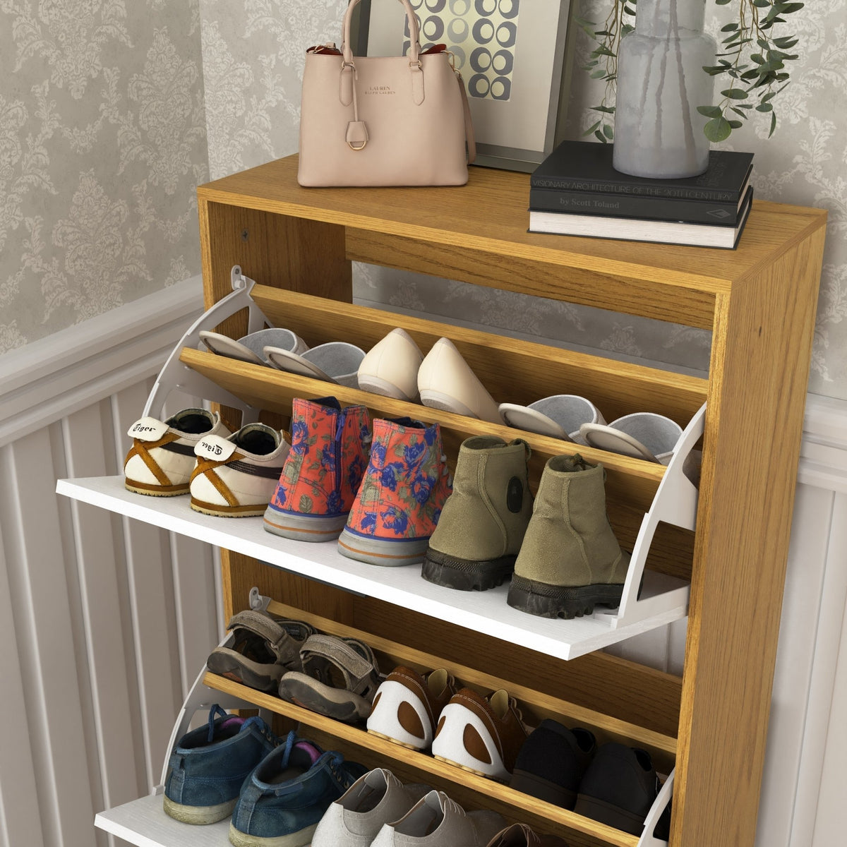 Modern independent shoe storage cabinet with 3 flip drawers (natural ) - KiKiUMi