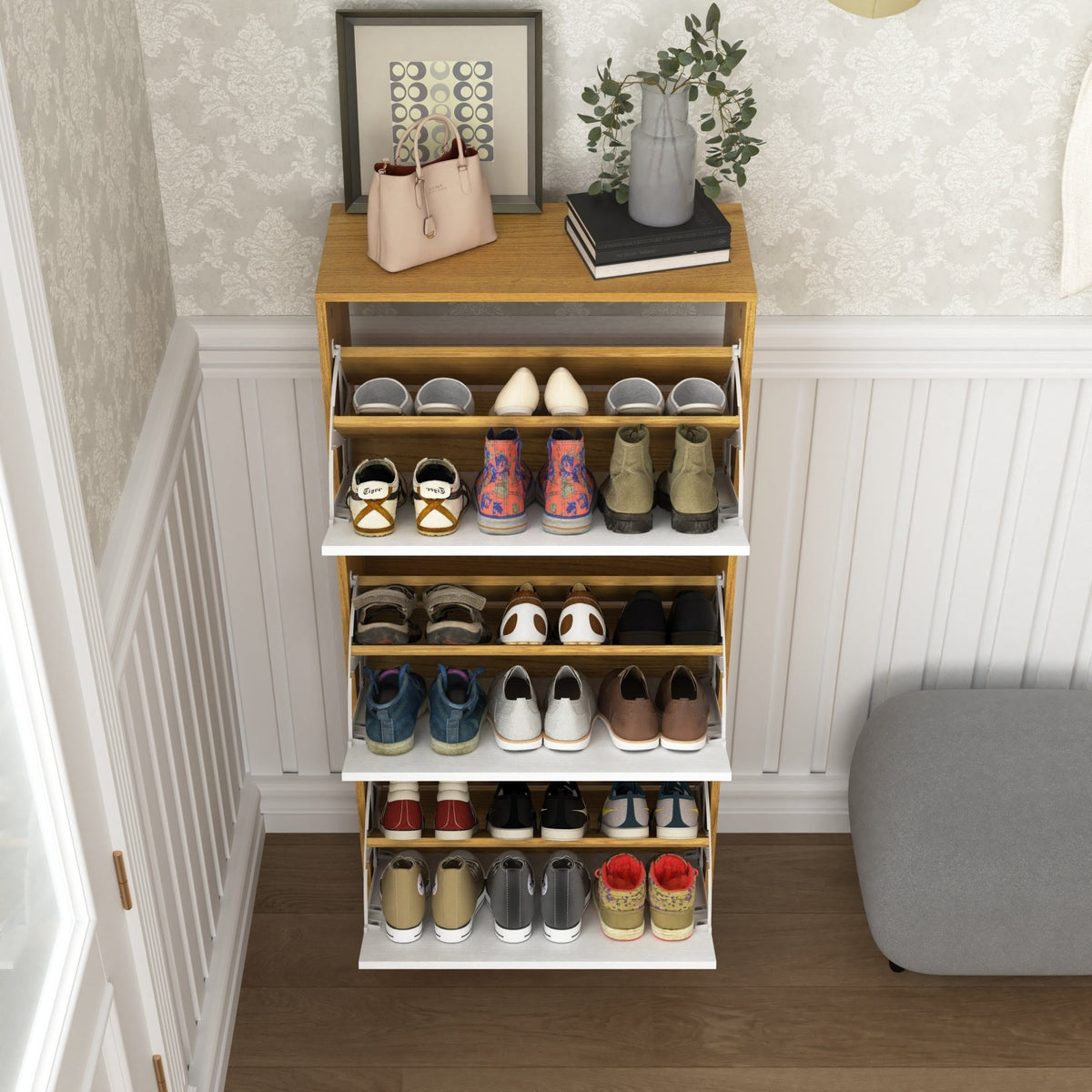 Modern independent shoe storage cabinet with 3 flip drawers (natural ) - KiKiUMi