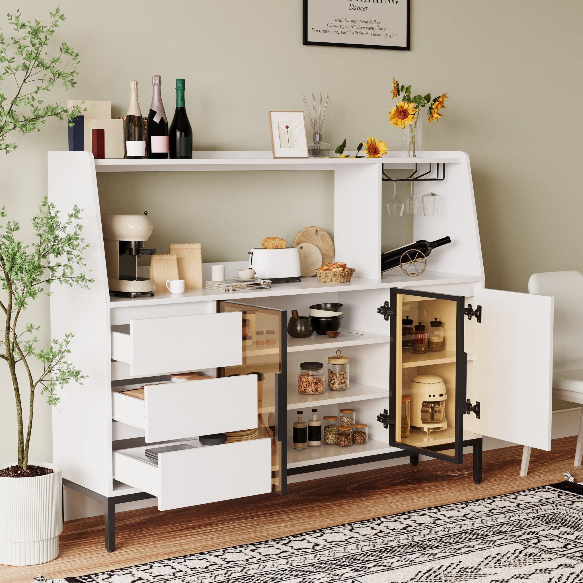 modern sideboard with three drawers, a glass-door storage cabinet and side cabinets - KiKiUMi