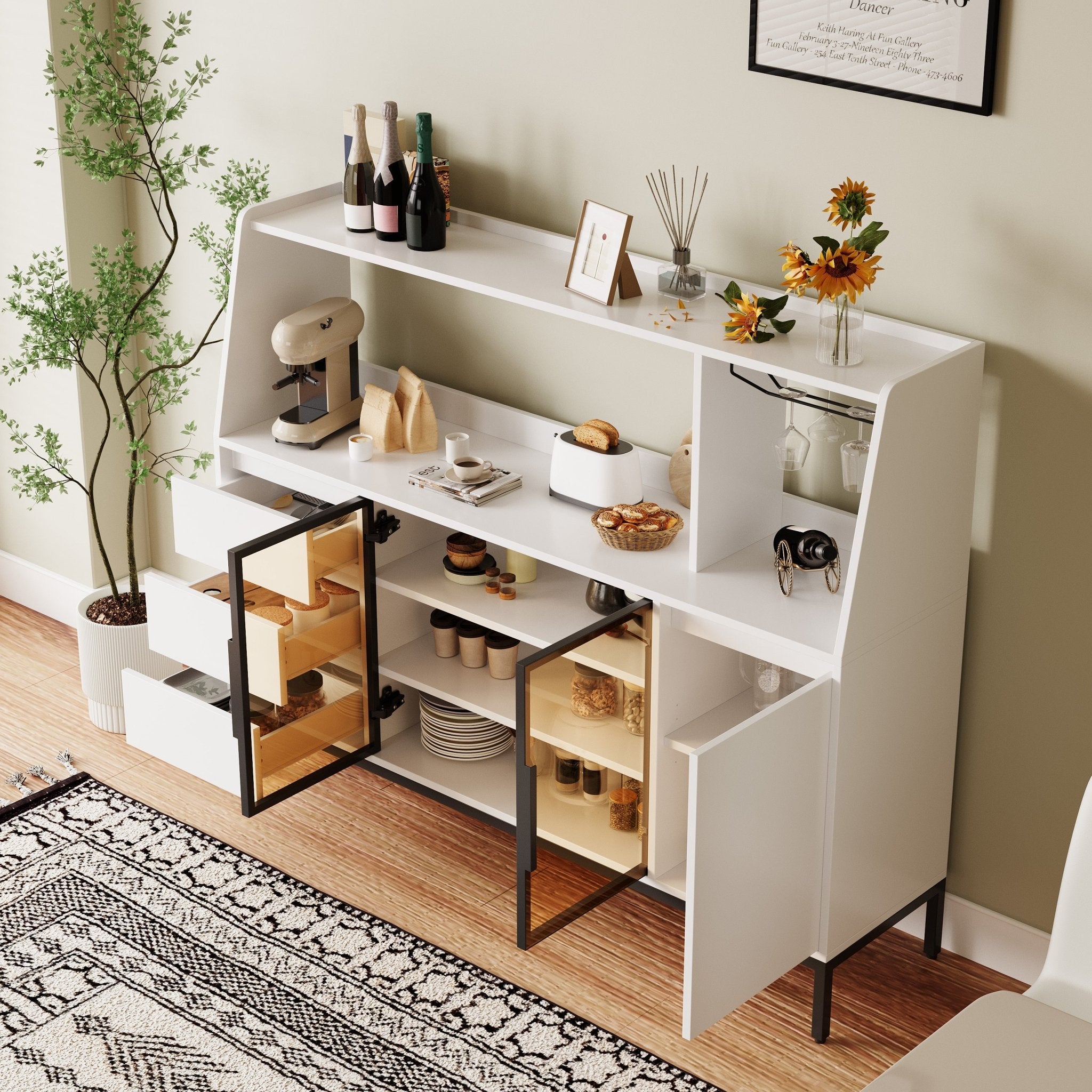 modern sideboard with three drawers, a glass-door storage cabinet and side cabinets - KiKiUMi