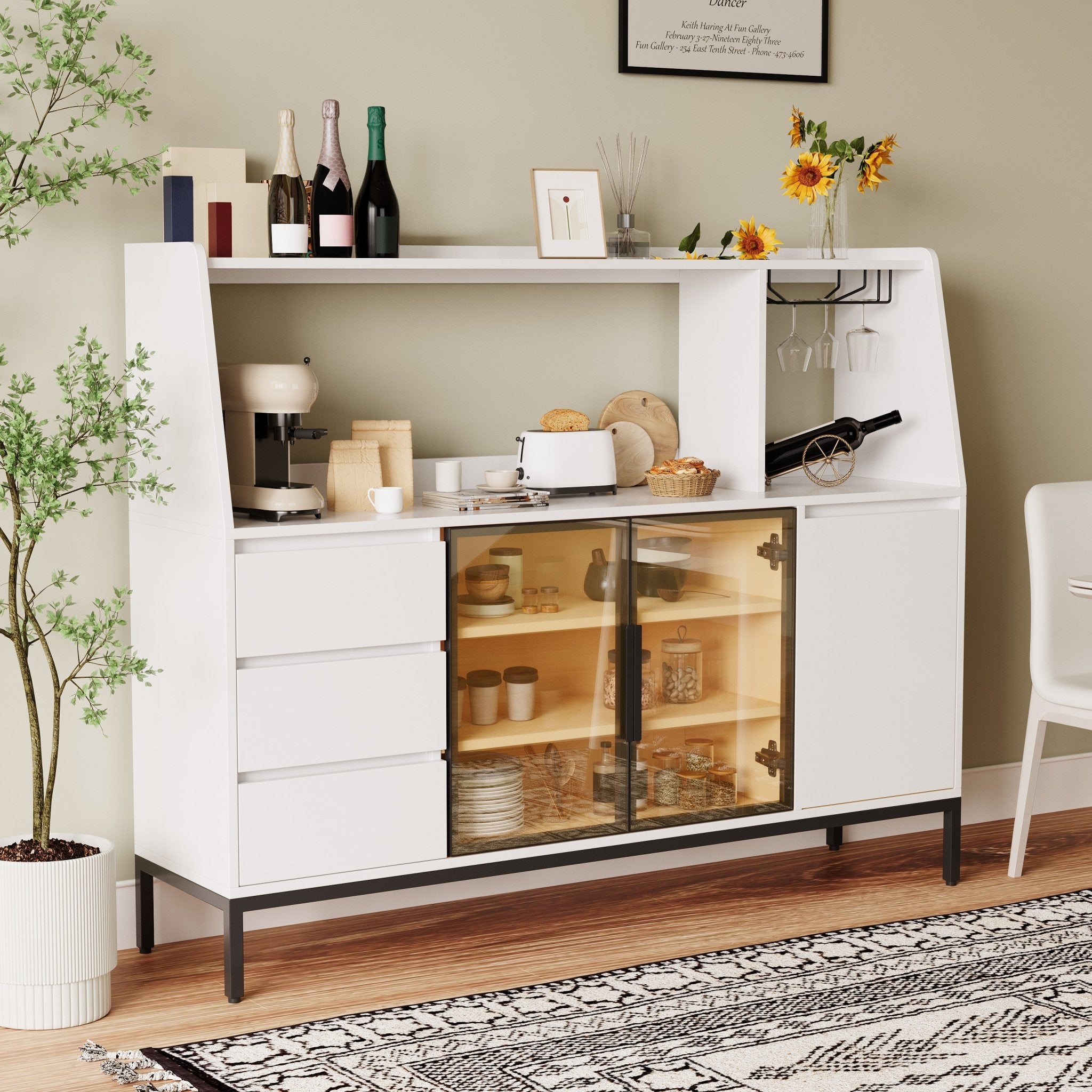 modern sideboard with three drawers, a glass-door storage cabinet and side cabinets - KiKiUMi