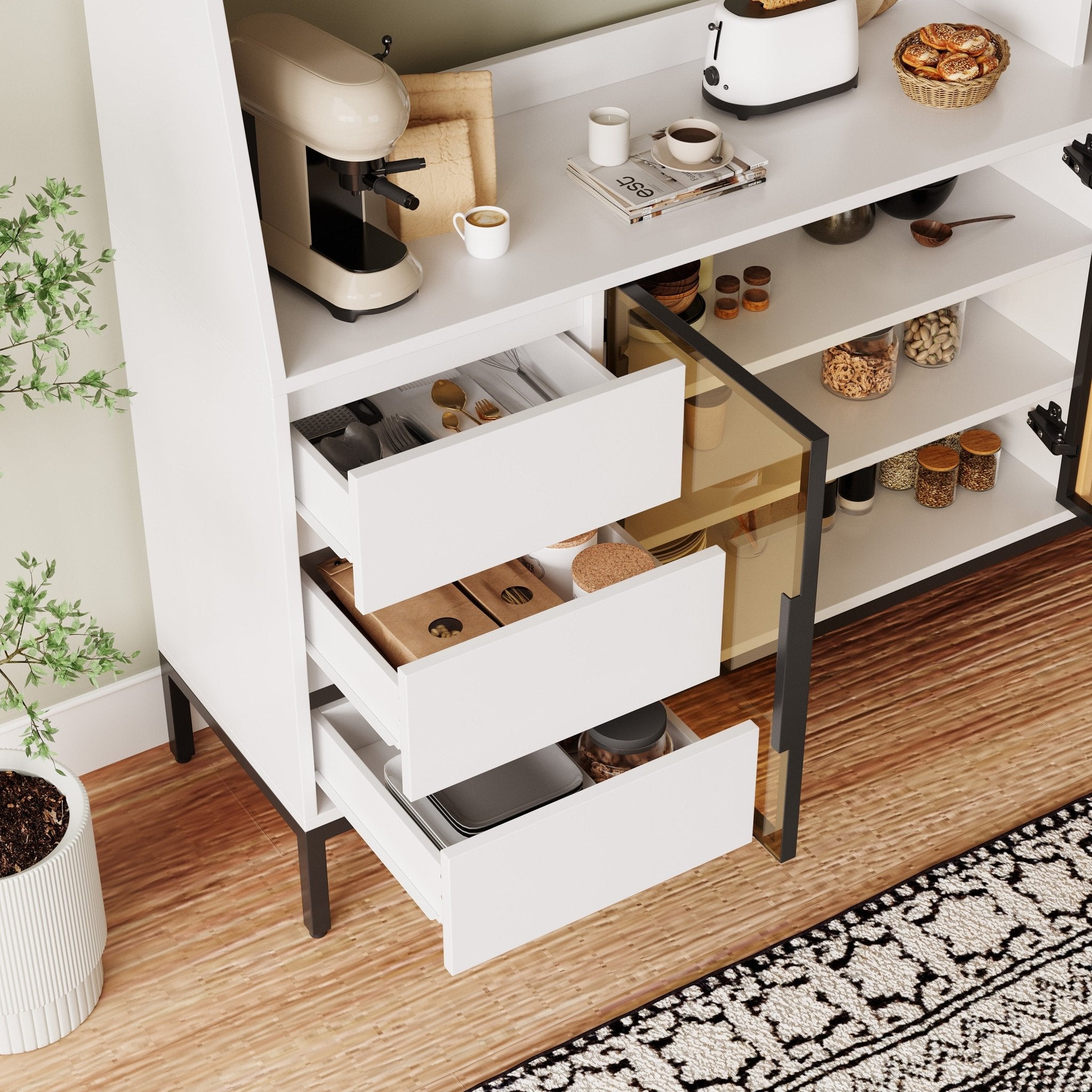 modern sideboard with three drawers, a glass-door storage cabinet and side cabinets - KiKiUMi