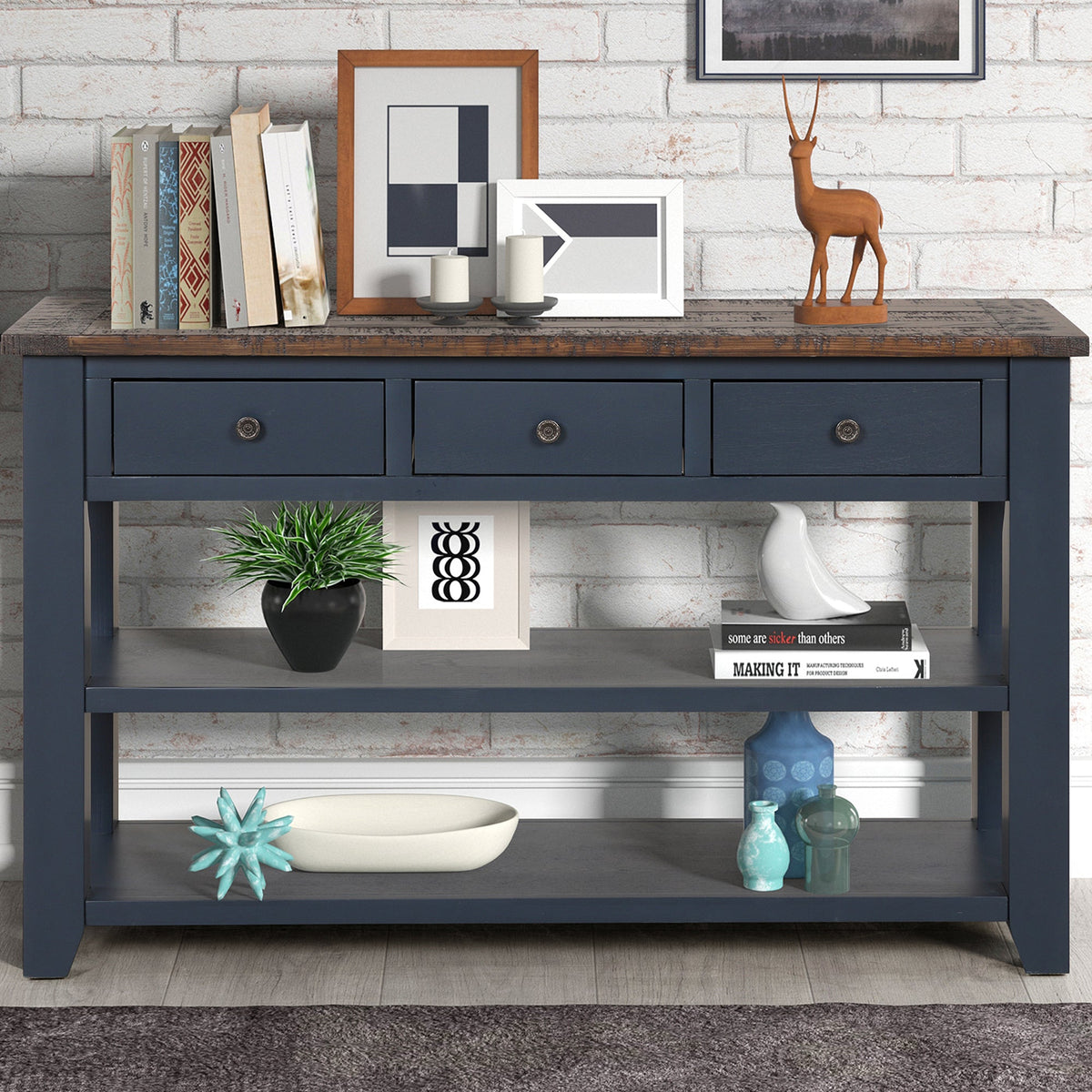 Modern solid pine top control console table(blue) - KiKiUMi