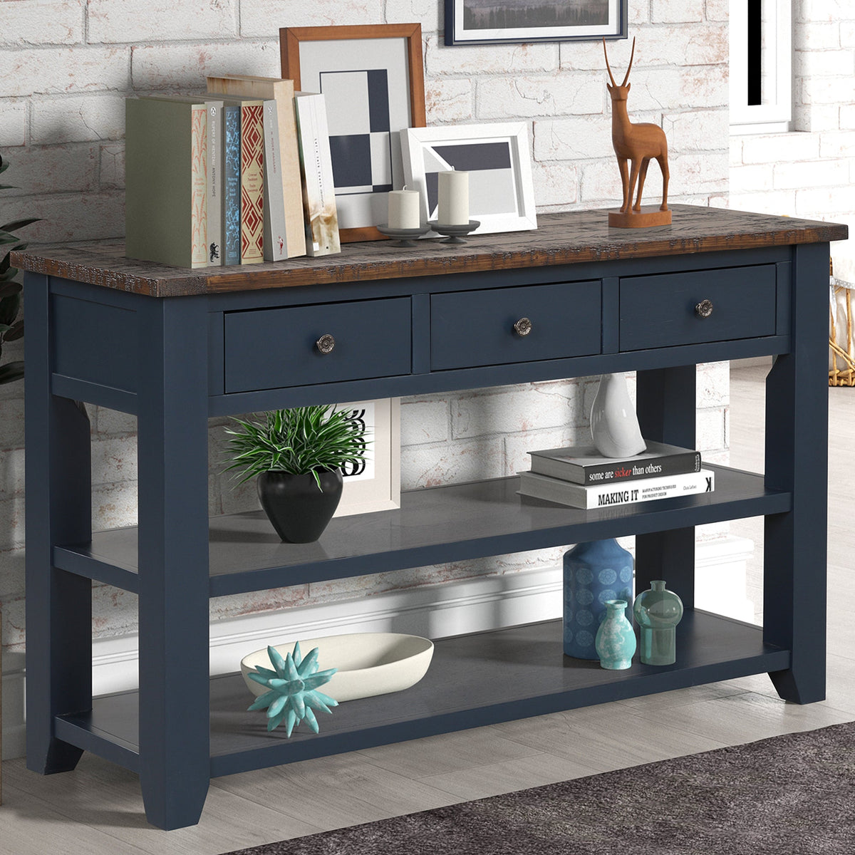 Modern solid pine top control console table(blue) - KiKiUMi