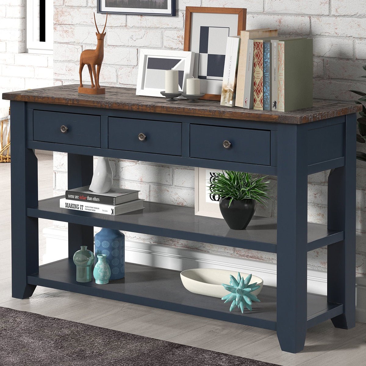 Modern solid pine top control console table(blue) - KiKiUMi