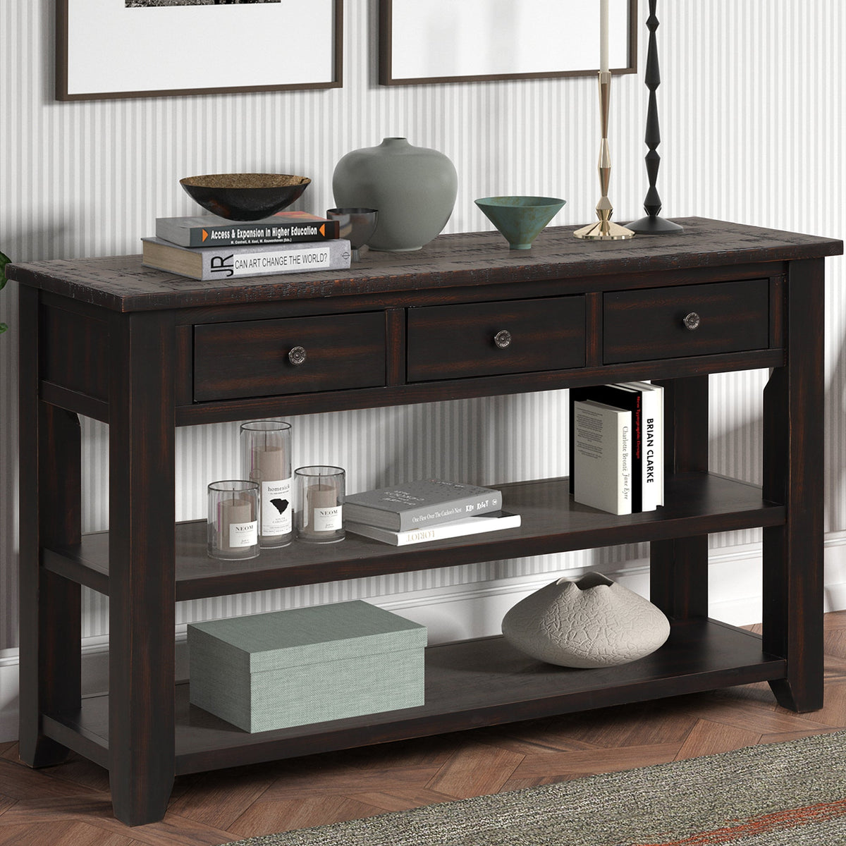 Modern solid pine top control console table(distressed black) - KiKiUMi