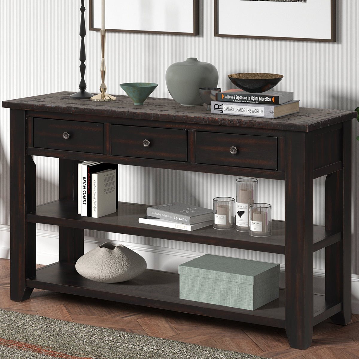 Modern solid pine top control console table(distressed black) - KiKiUMi