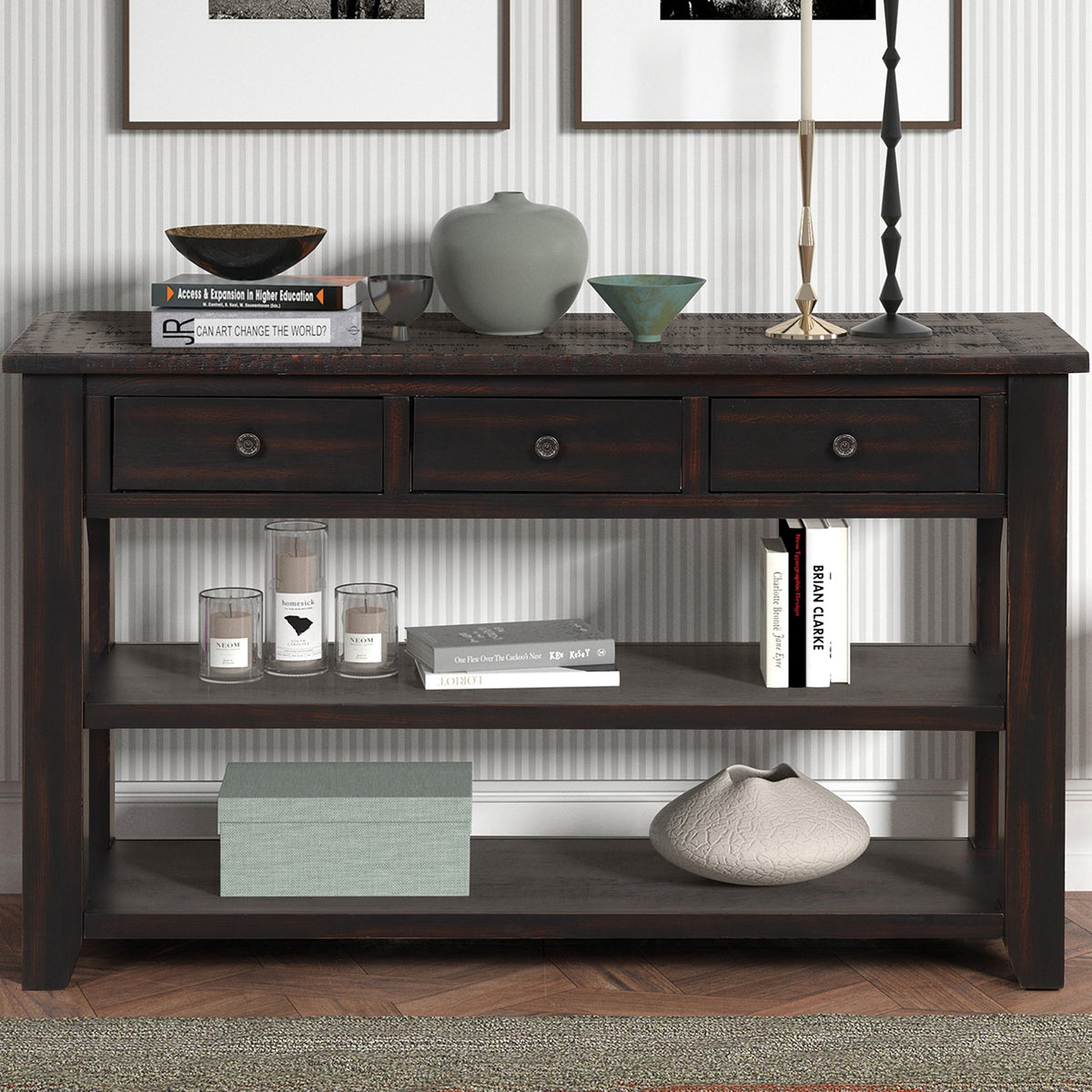 Modern solid pine top control console table(distressed black) - KiKiUMi