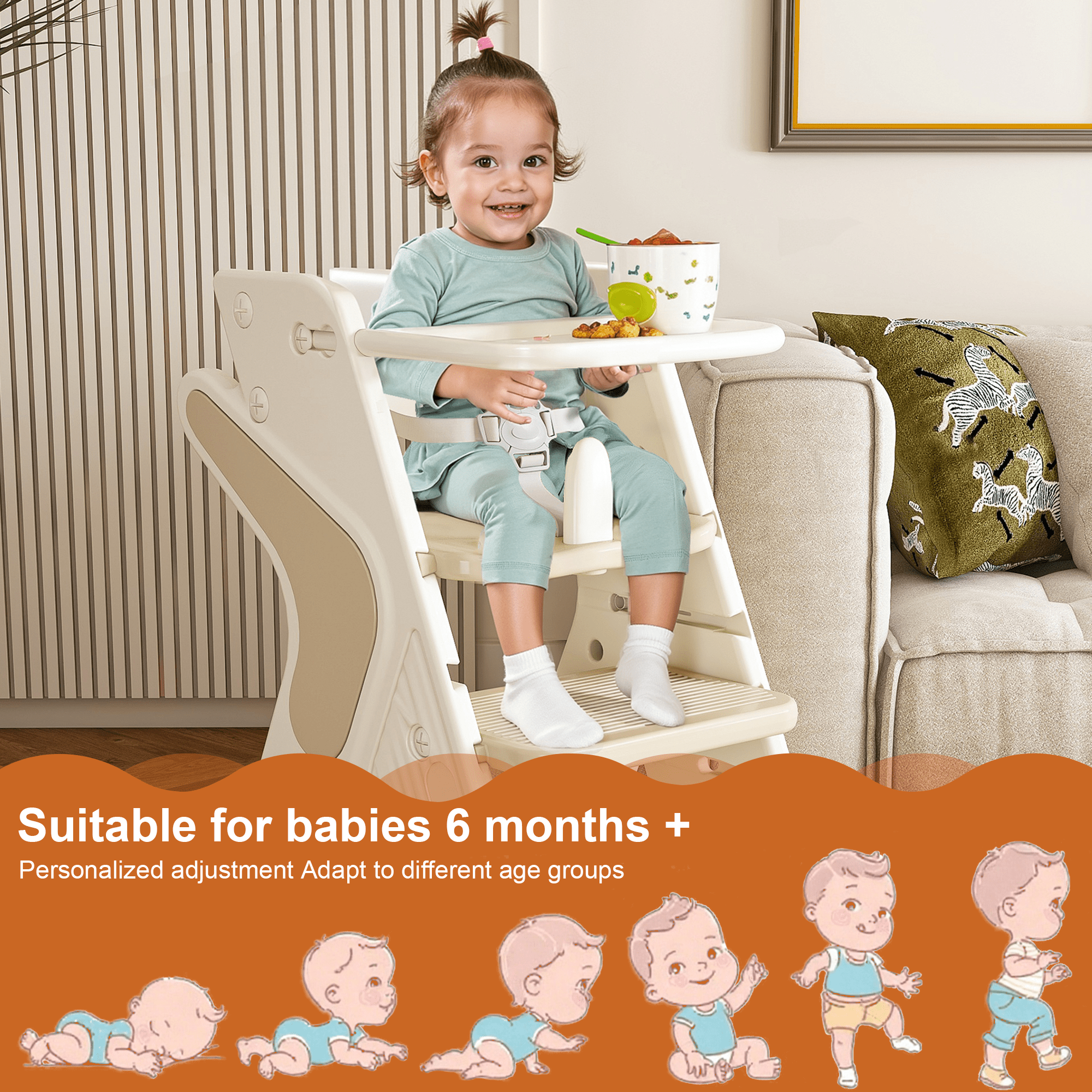 Multi - Functional Growing Up Dining Chair with Adjustable Height and Five - Point Seat Belts - KiKiUMi