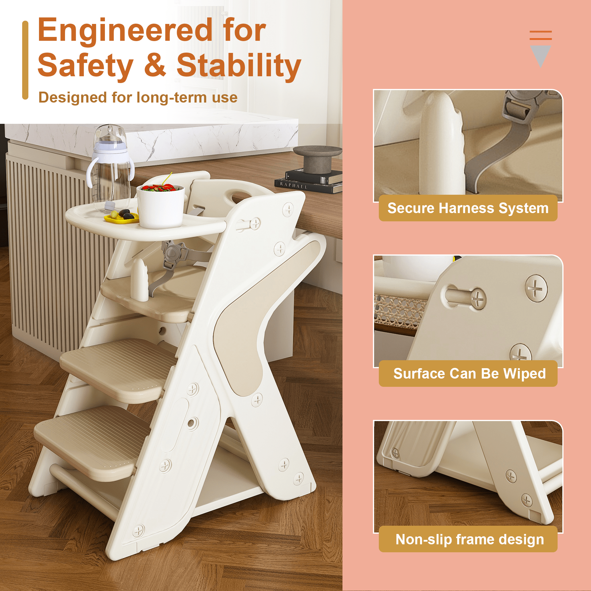 Multi - Functional Growing Up Dining Chair with Adjustable Height and Five - Point Seat Belts - KiKiUMi
