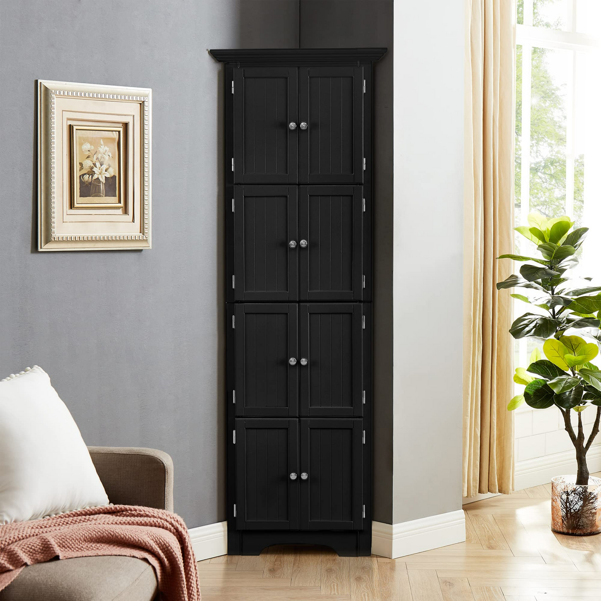 multi-functional high storage cabinet with a door and four shelves(black) - KiKiUMi