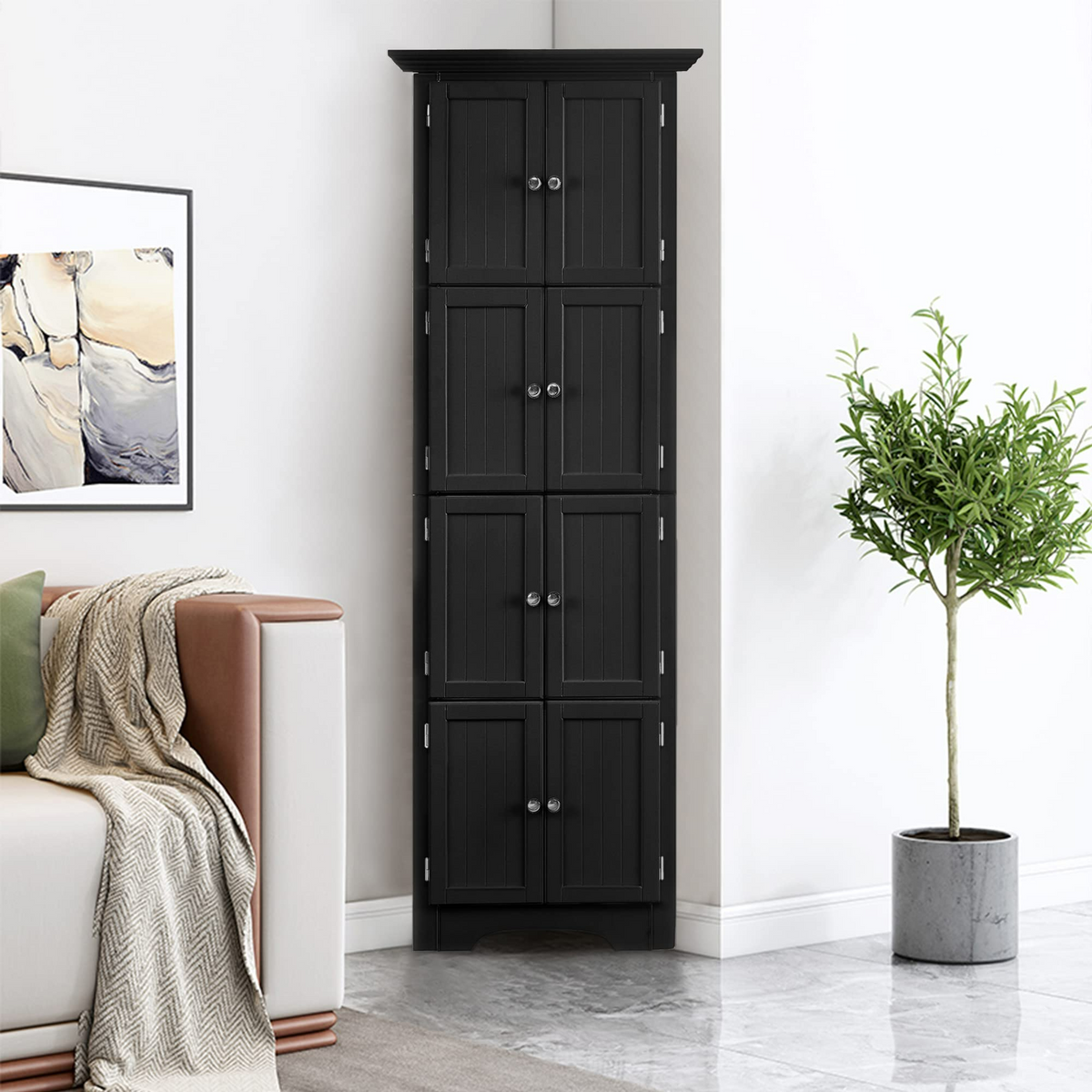 multi-functional high storage cabinet with a door and four shelves(black) - KiKiUMi