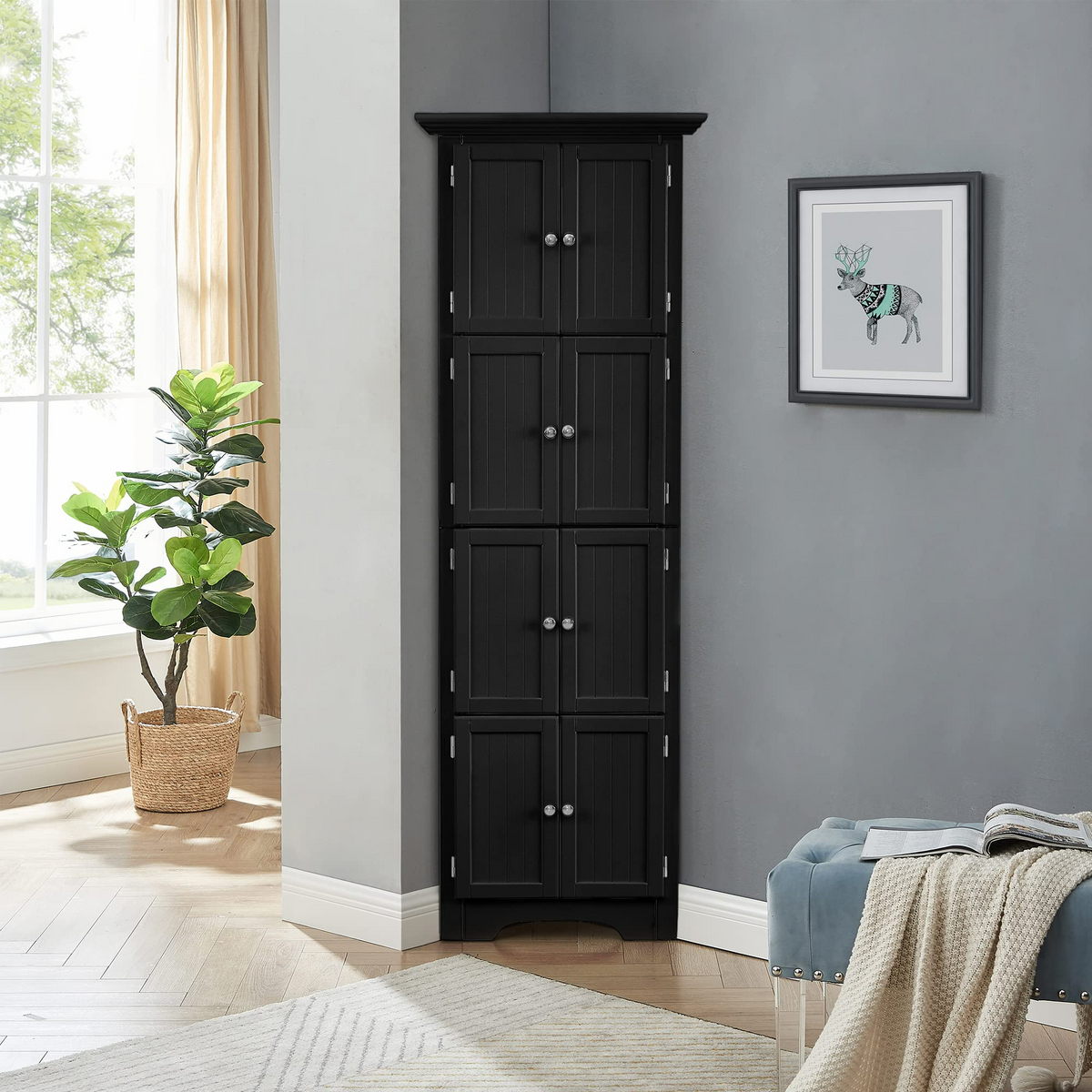 multi-functional high storage cabinet with a door and four shelves(black) - KiKiUMi