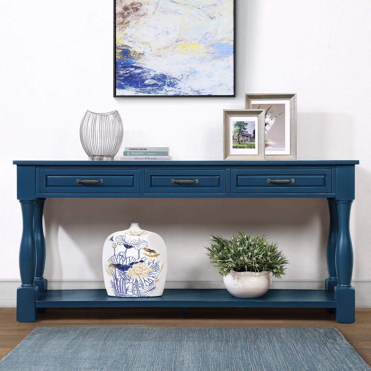 Multi-functional long wooden control console(navy blue) - KiKiUMi