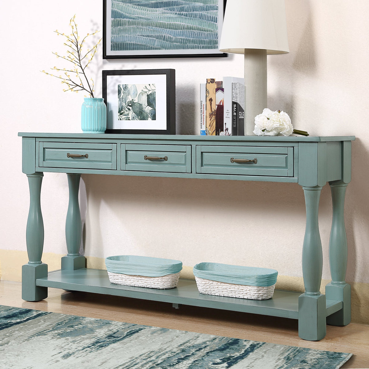 Multi-functional long wooden control console(retro blue) - KiKiUMi