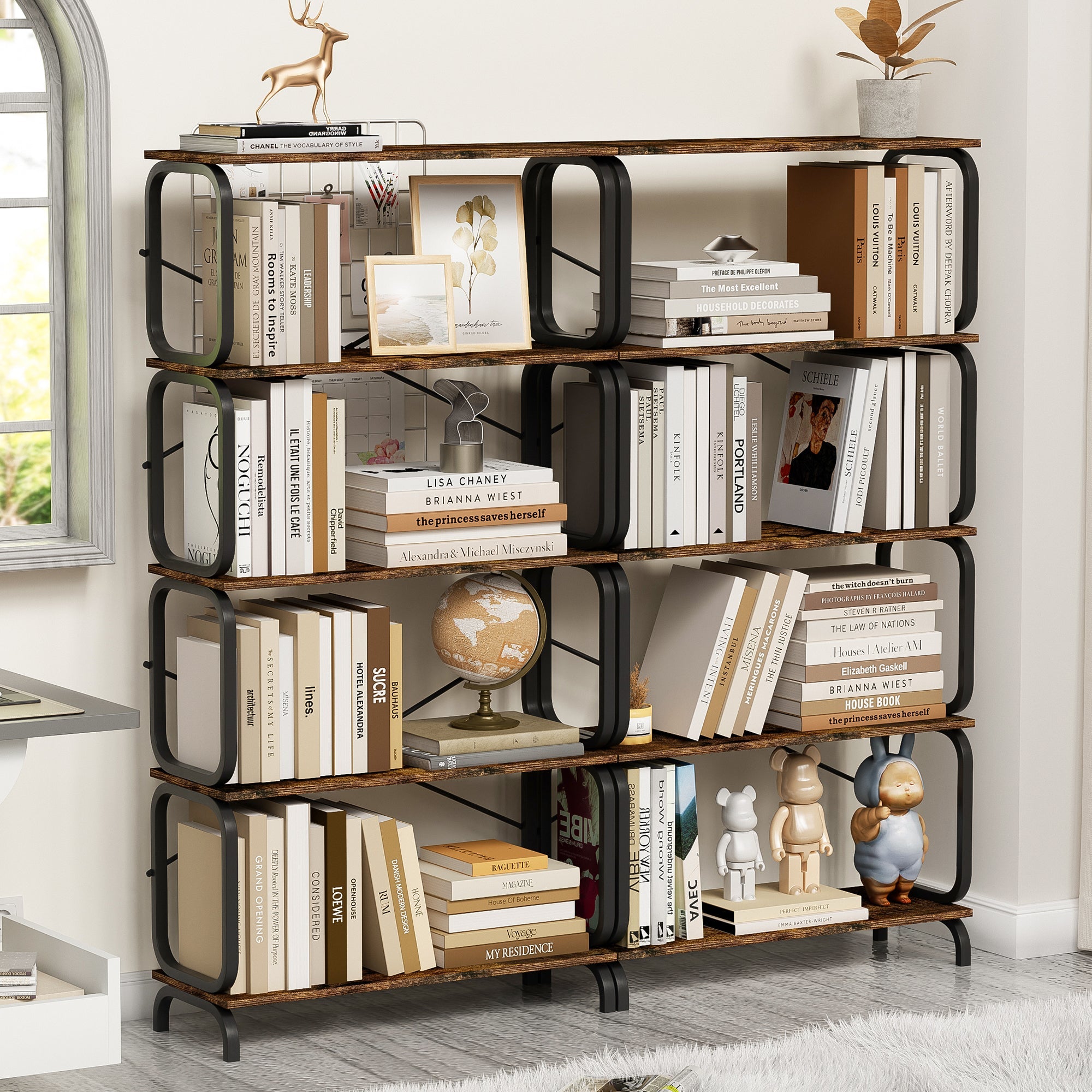 Open wooden and metal design retro industrial bookshelf - KiKiUMi
