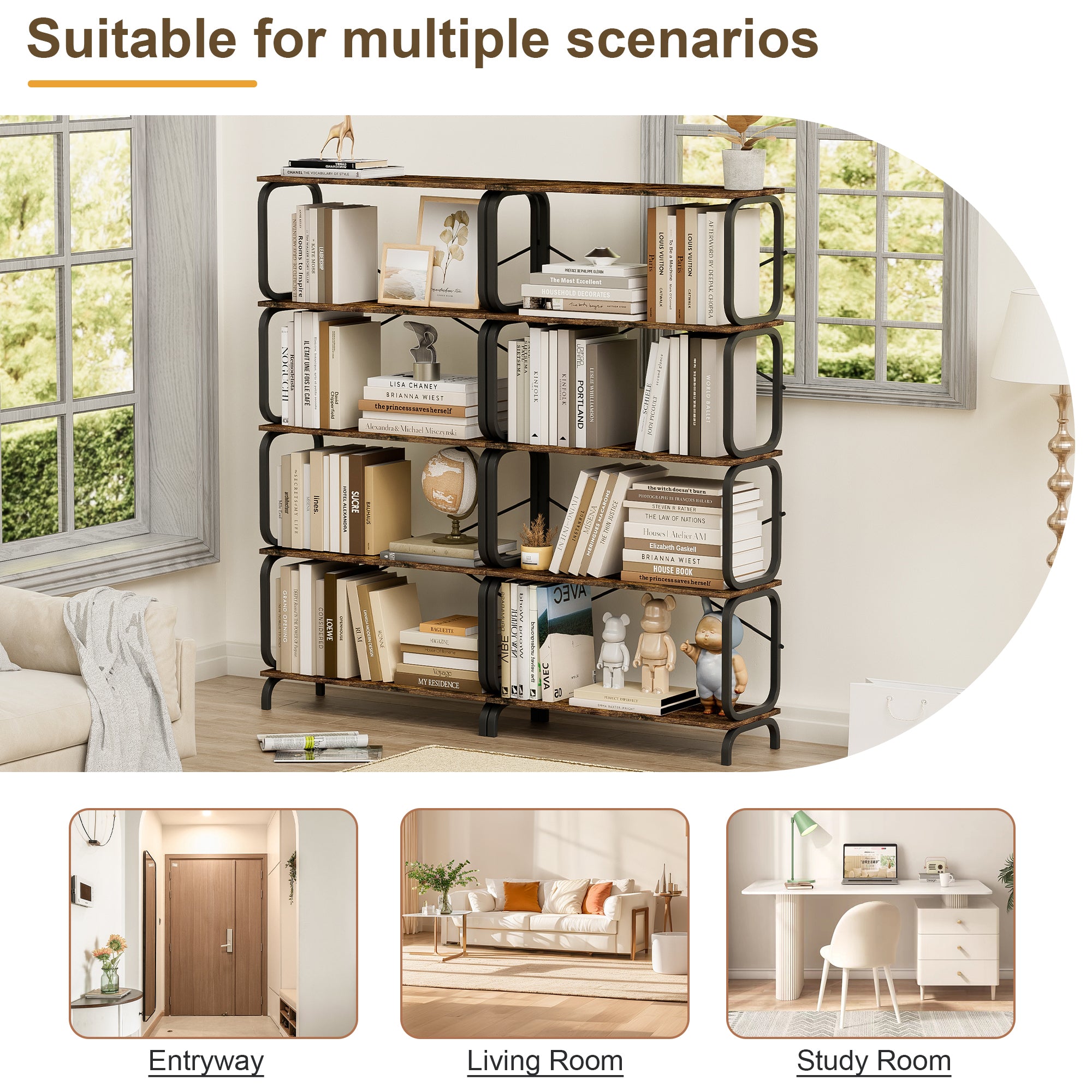 Open wooden and metal design retro industrial bookshelf - KiKiUMi