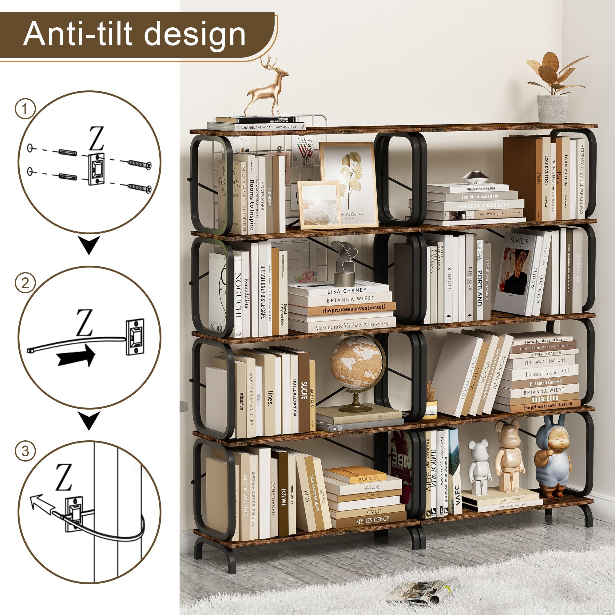 Open wooden and metal design retro industrial bookshelf - KiKiUMi