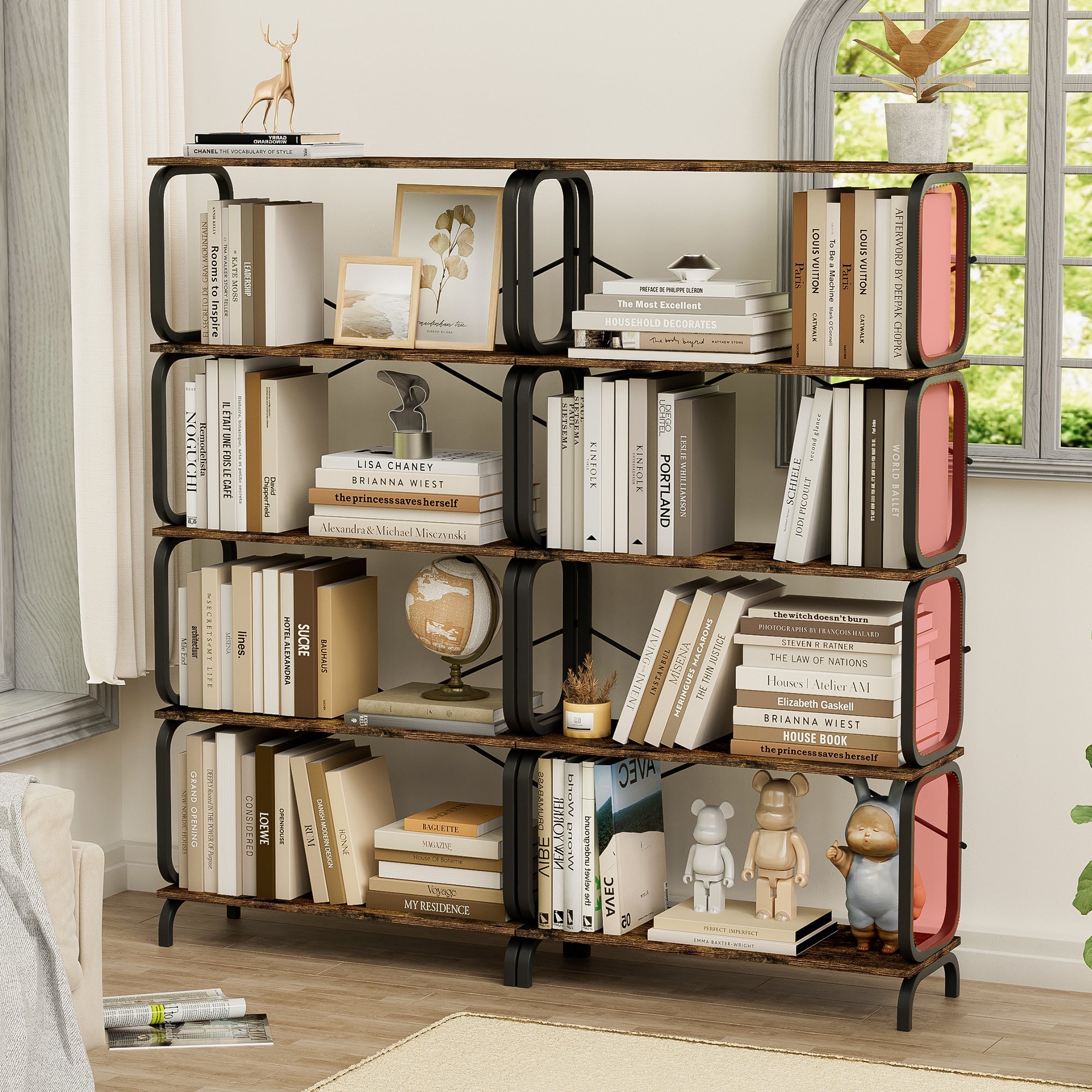Open wooden and metal design retro industrial bookshelf - KiKiUMi