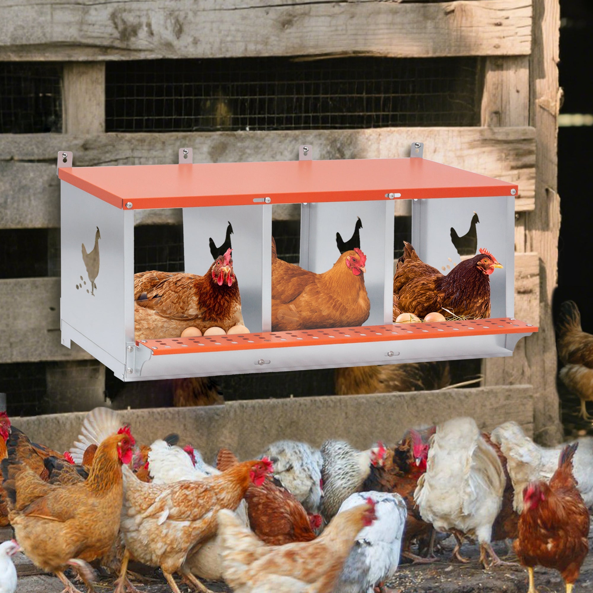 Orange three - chamber metal laying hen nest box - KiKiUMi