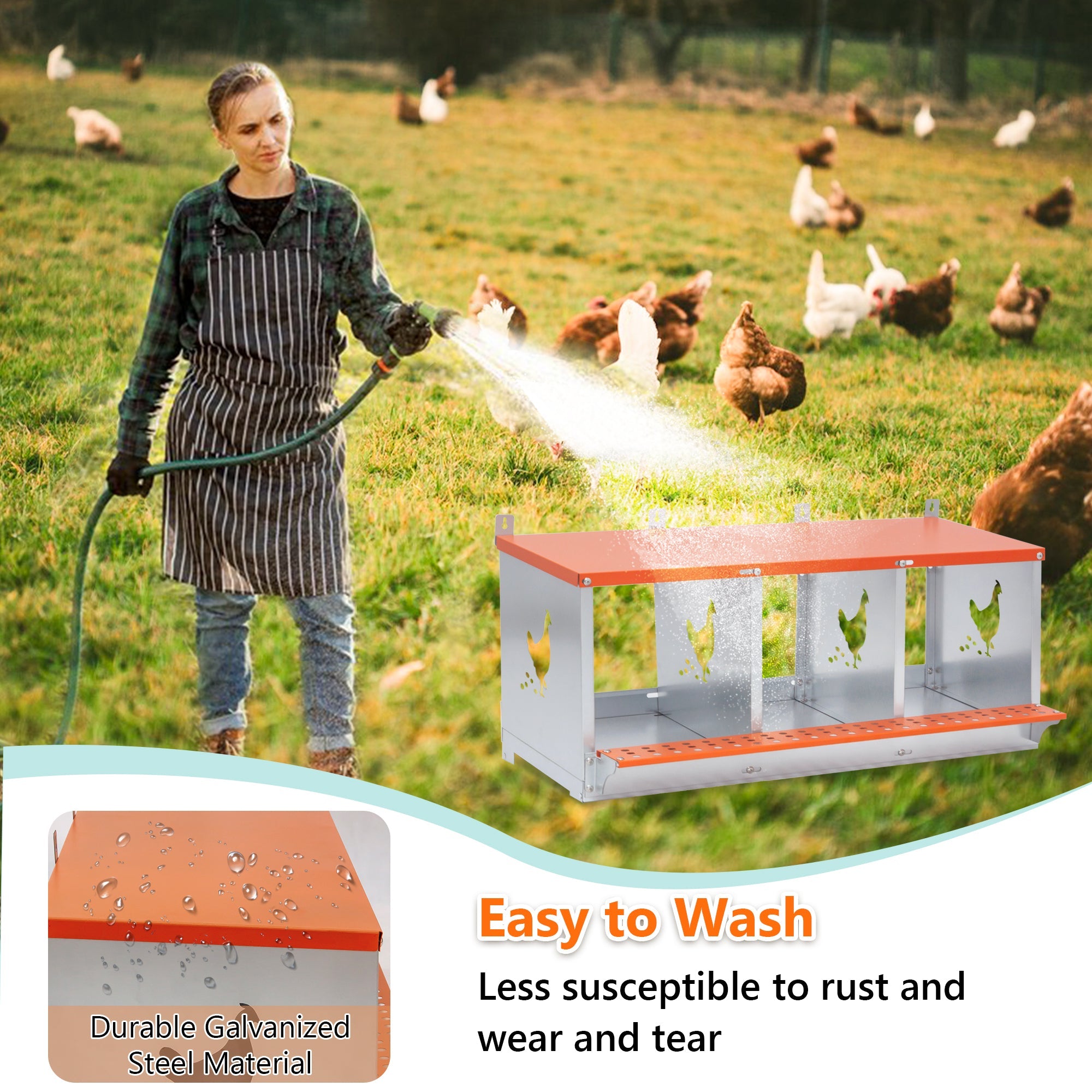 Orange three - chamber metal laying hen nest box - KiKiUMi