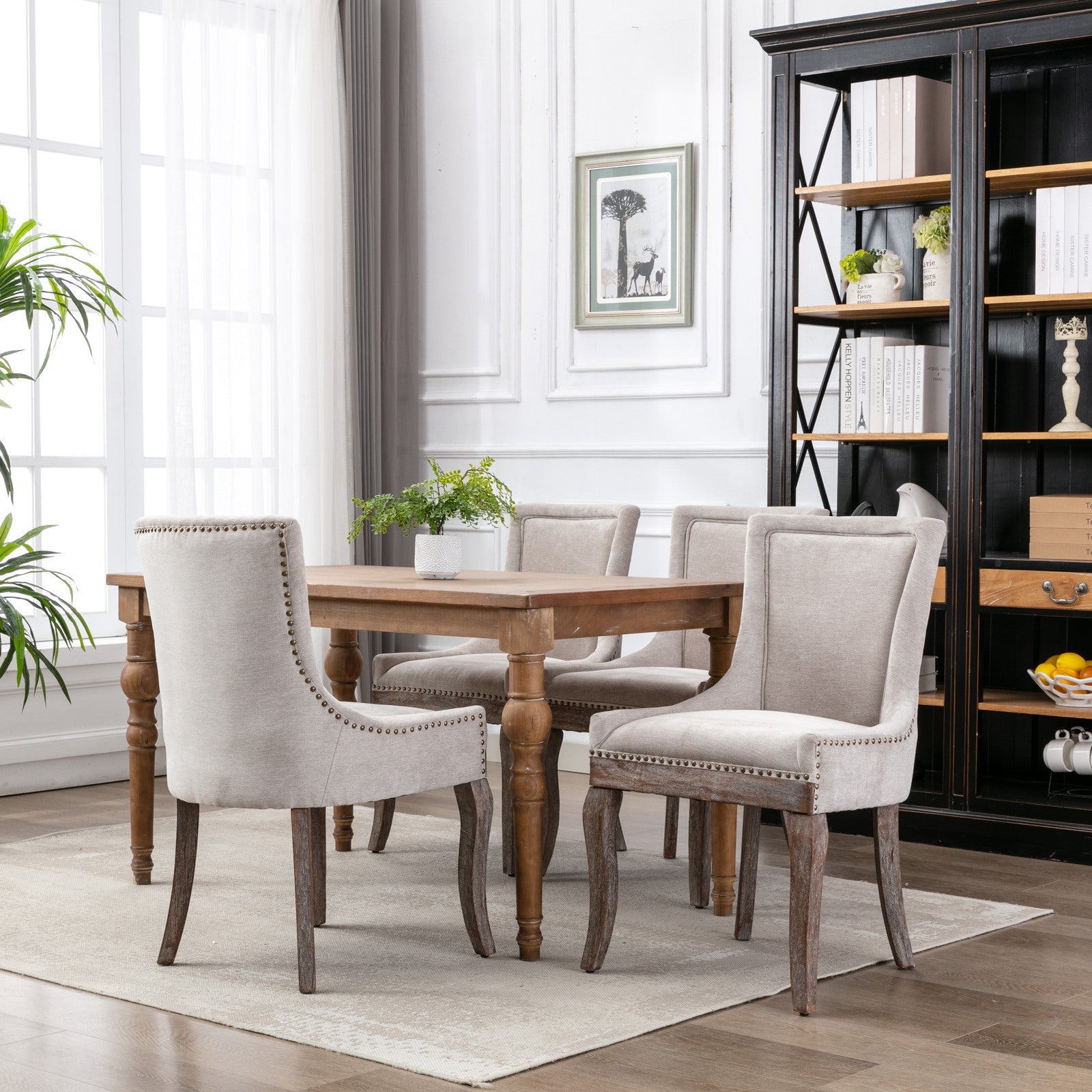 Retro-style thickened fabric light luxury high-back dining chair（beige） - KiKiUMi