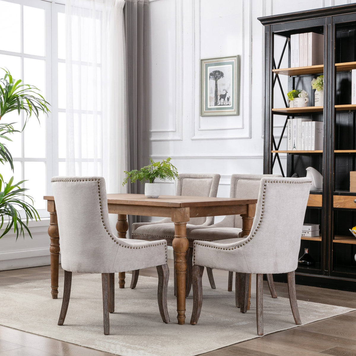 Retro-style thickened fabric light luxury high-back dining chair（beige） - KiKiUMi