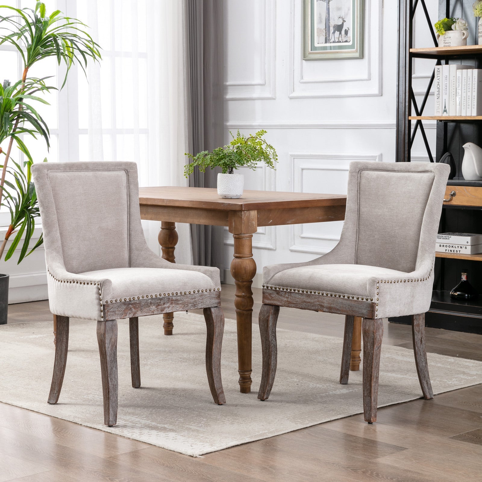 Retro-style thickened fabric light luxury high-back dining chair（beige） - KiKiUMi