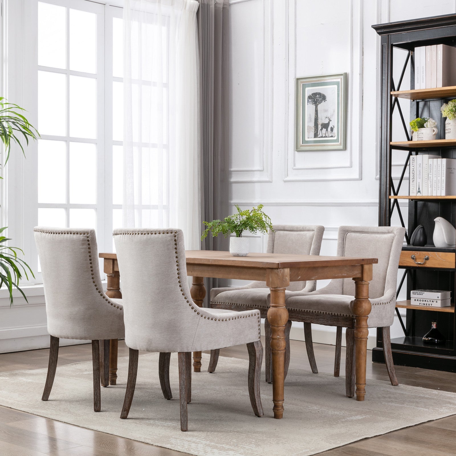 Retro-style thickened fabric light luxury high-back dining chair（beige） - KiKiUMi