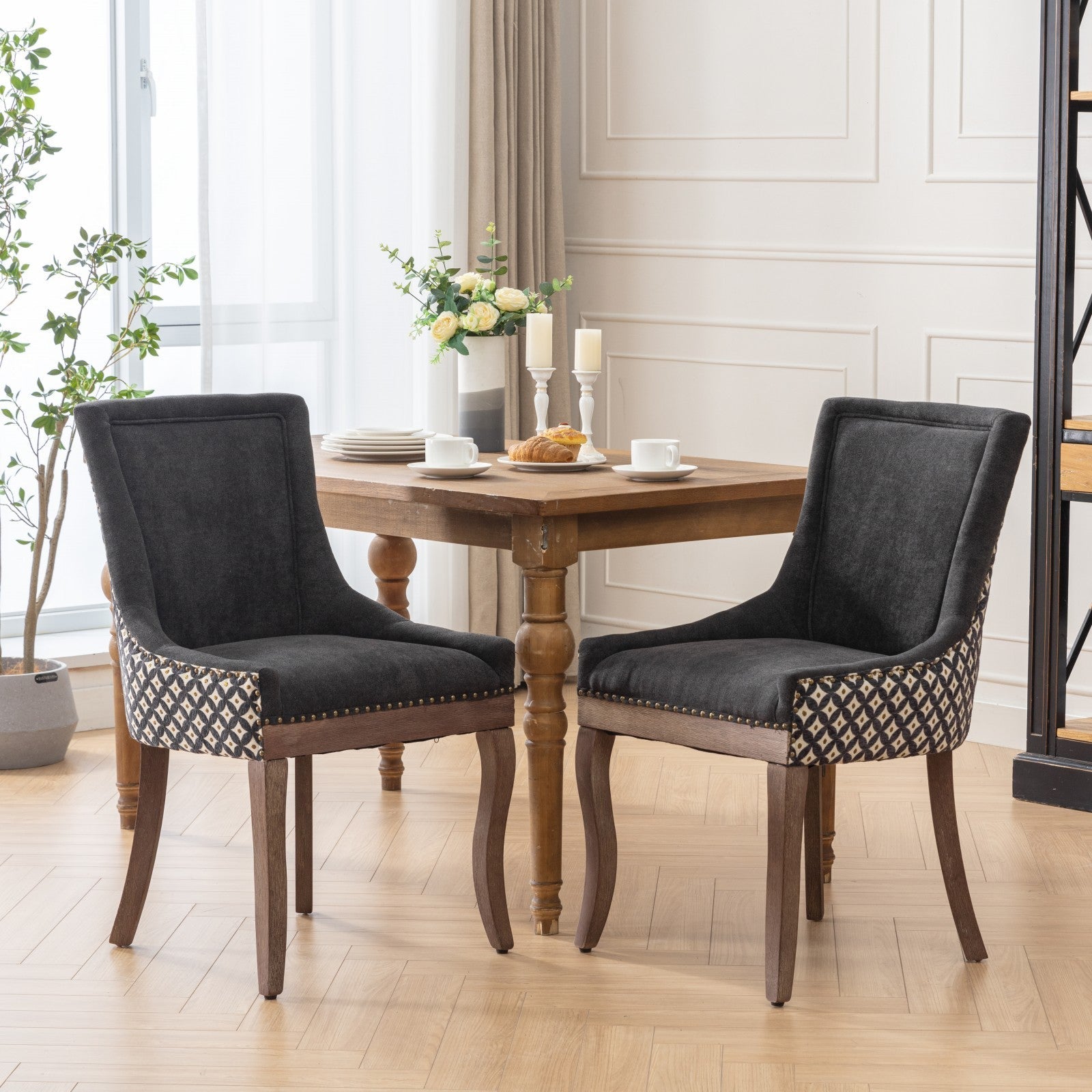 Retro-style thickened fabric light luxury high-back dining chair（black） - KiKiUMi