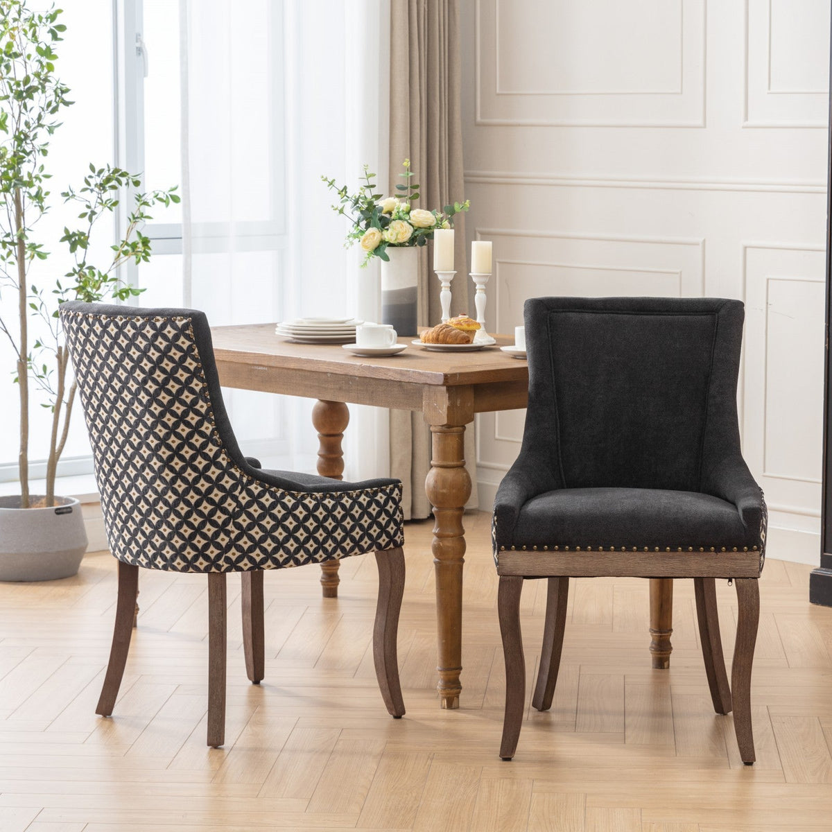 Retro-style thickened fabric light luxury high-back dining chair（black） - KiKiUMi