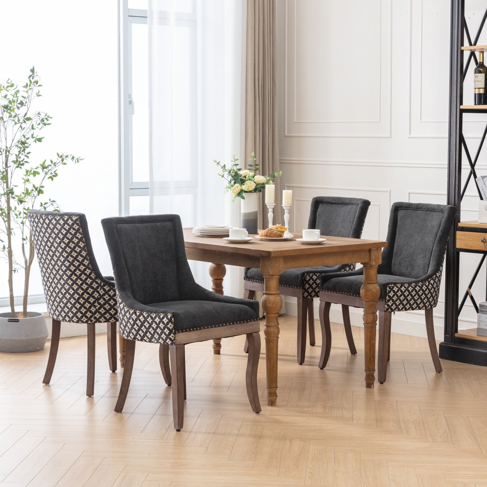 Retro-style thickened fabric light luxury high-back dining chair（black） - KiKiUMi