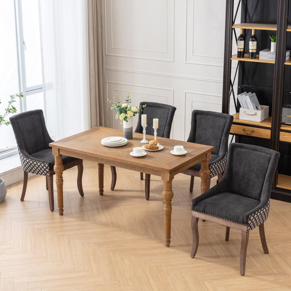 Retro-style thickened fabric light luxury high-back dining chair（black） - KiKiUMi