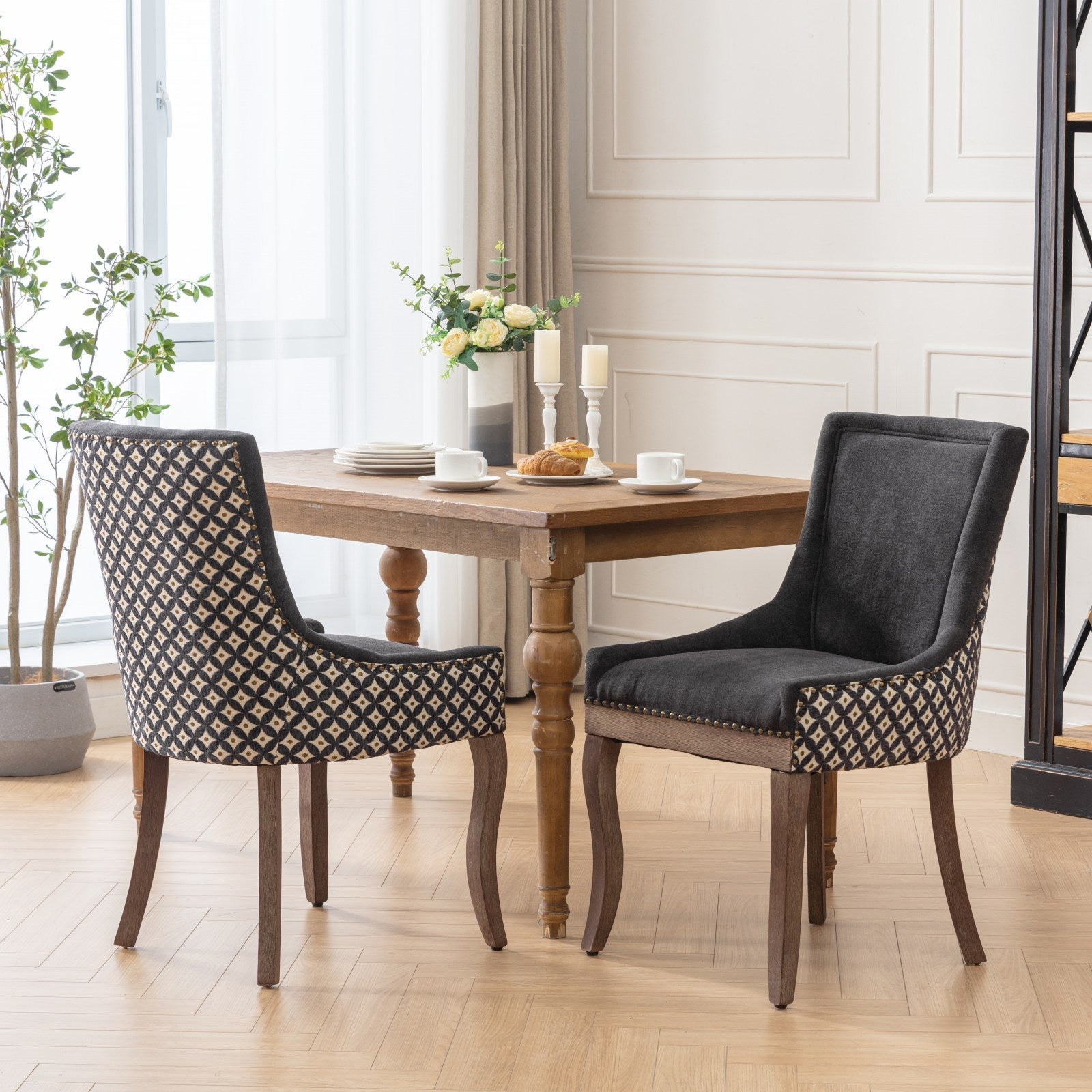Retro-style thickened fabric light luxury high-back dining chair（black） - KiKiUMi