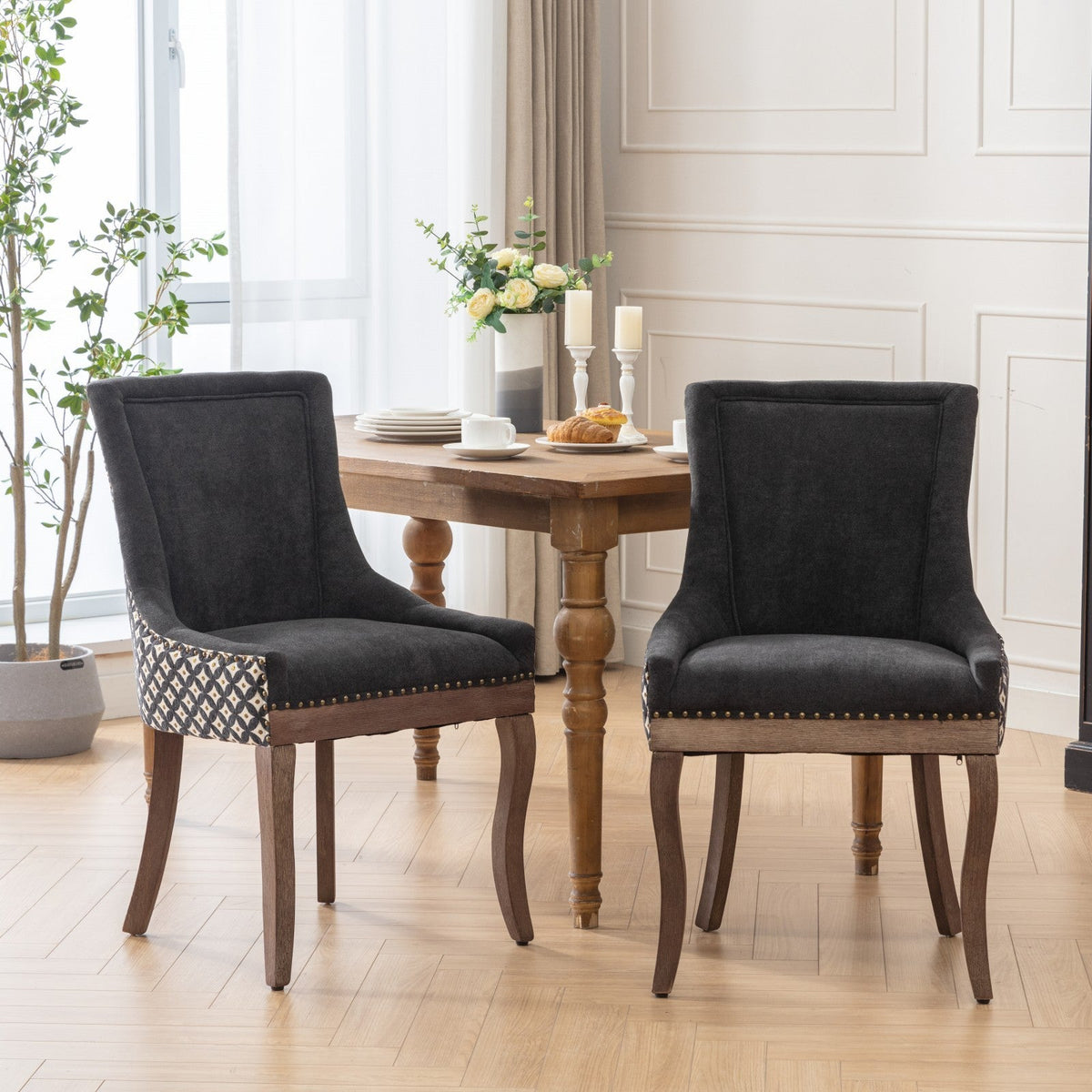 Retro-style thickened fabric light luxury high-back dining chair（black） - KiKiUMi