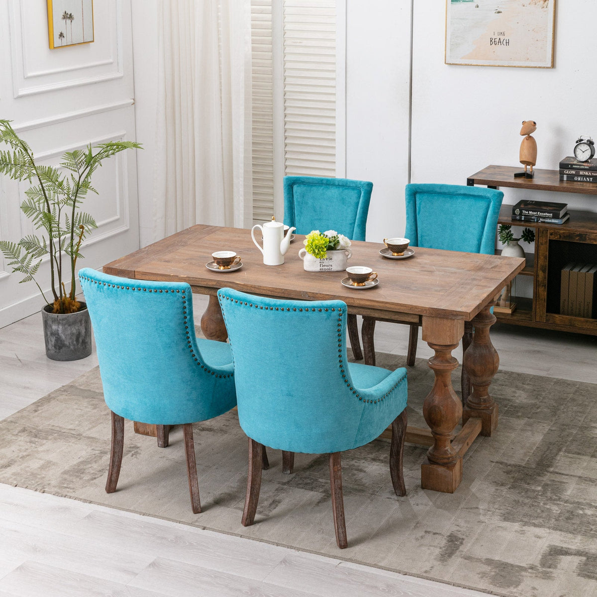 Retro-style thickened fabric light luxury high-back dining chair（blue） - KiKiUMi