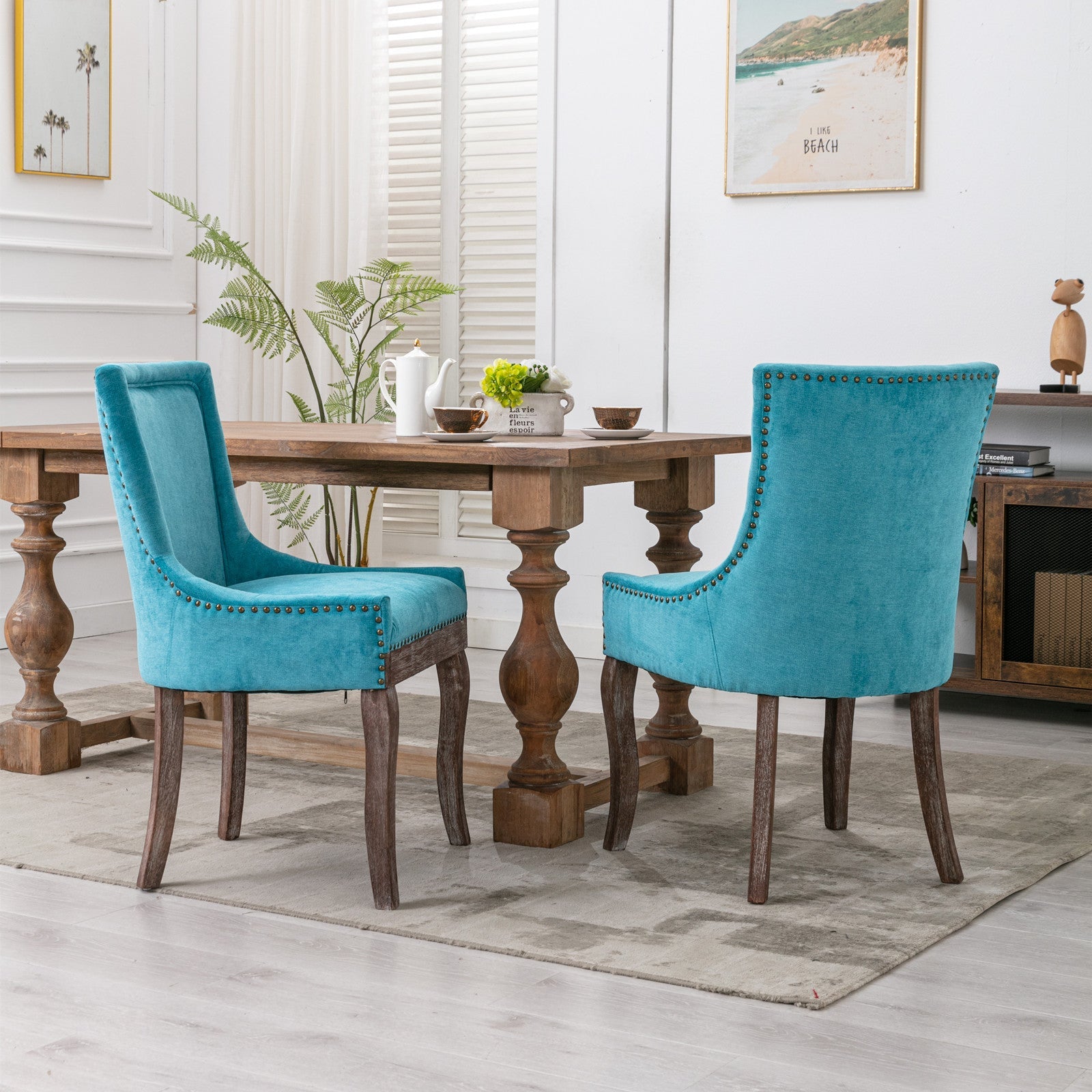 Retro-style thickened fabric light luxury high-back dining chair（blue） - KiKiUMi