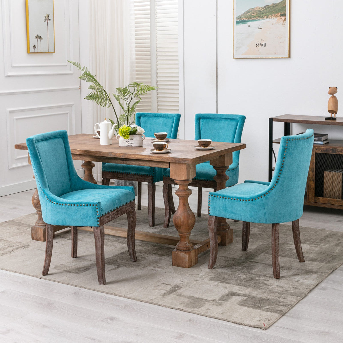 Retro-style thickened fabric light luxury high-back dining chair（blue） - KiKiUMi