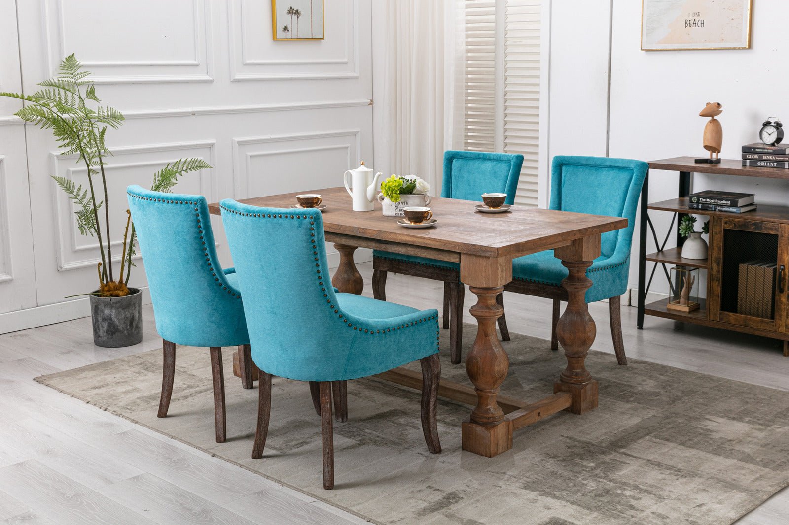 Retro-style thickened fabric light luxury high-back dining chair（blue） - KiKiUMi