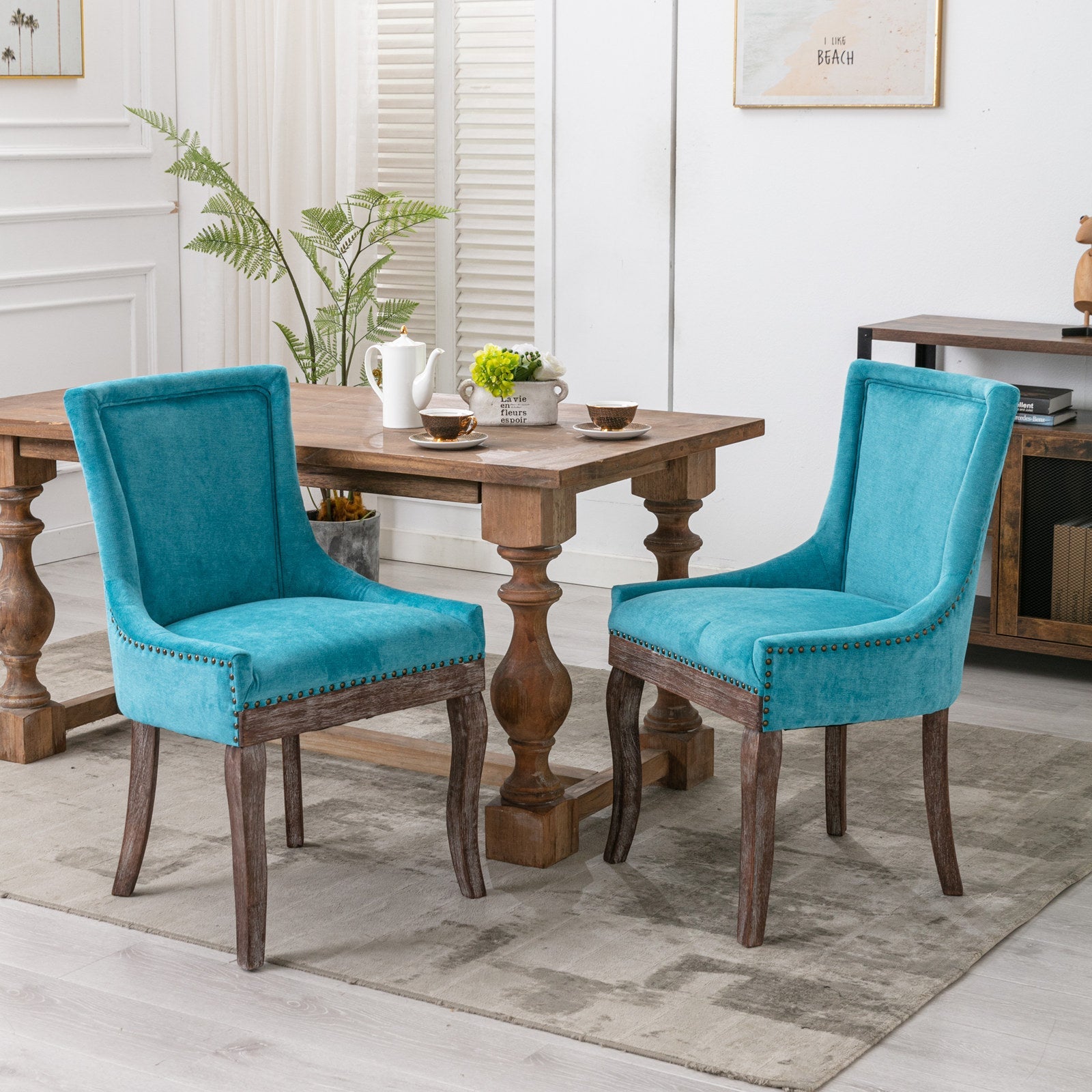 Retro-style thickened fabric light luxury high-back dining chair（blue） - KiKiUMi